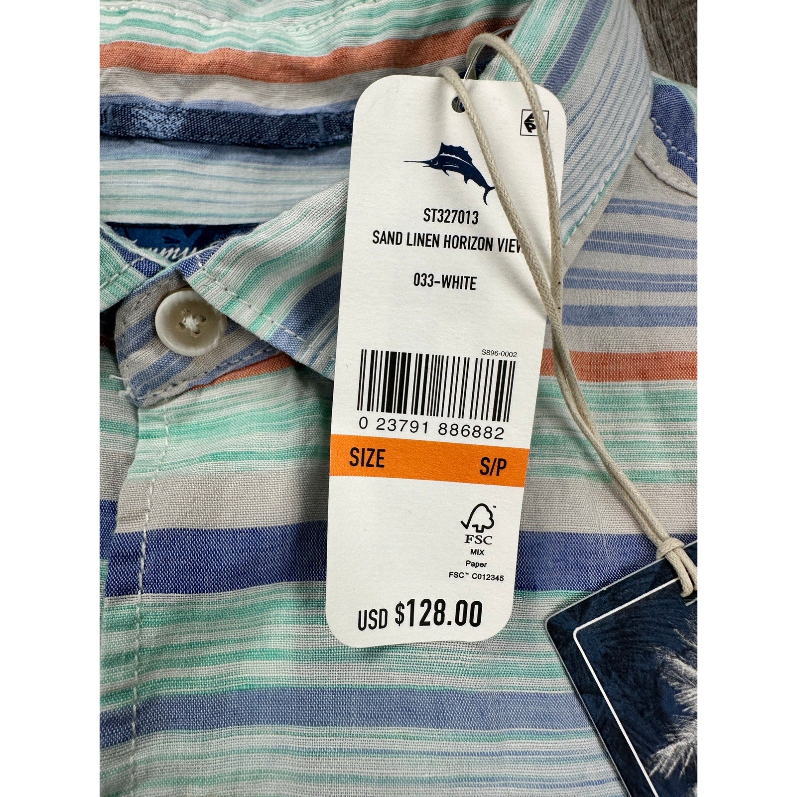 Tommy Bahama Indigo Palms Sand Linen Horizon View Short Sleeve Button Down in Stripe — Size Small