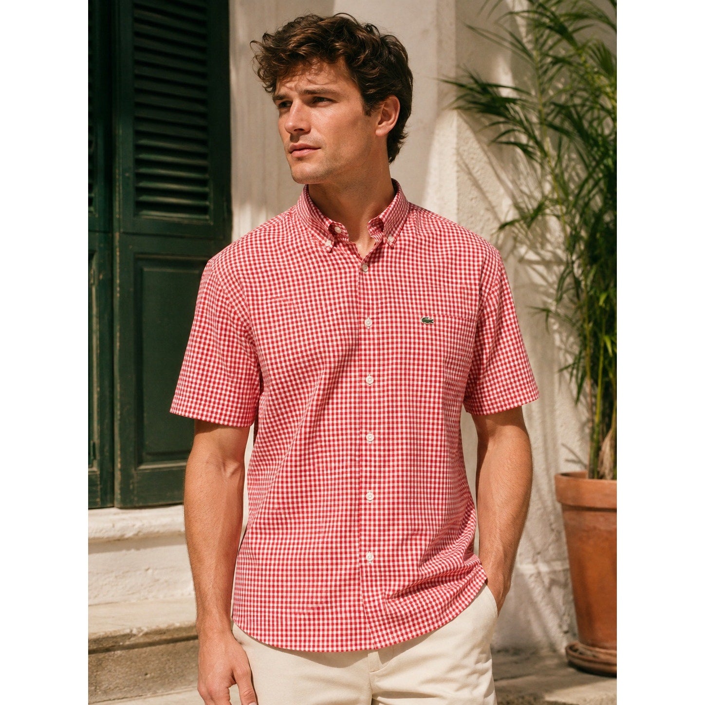 Lacoste Short Sleeve Regular Fit Gingham Poplin Shirt in Red, White — Size XL // Preowned