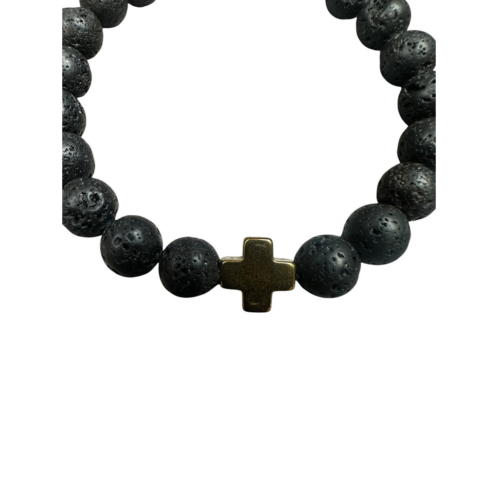 Andrew Christian Gold Cross Black Stretch Bead Bracelet in Black and Gold — One Size