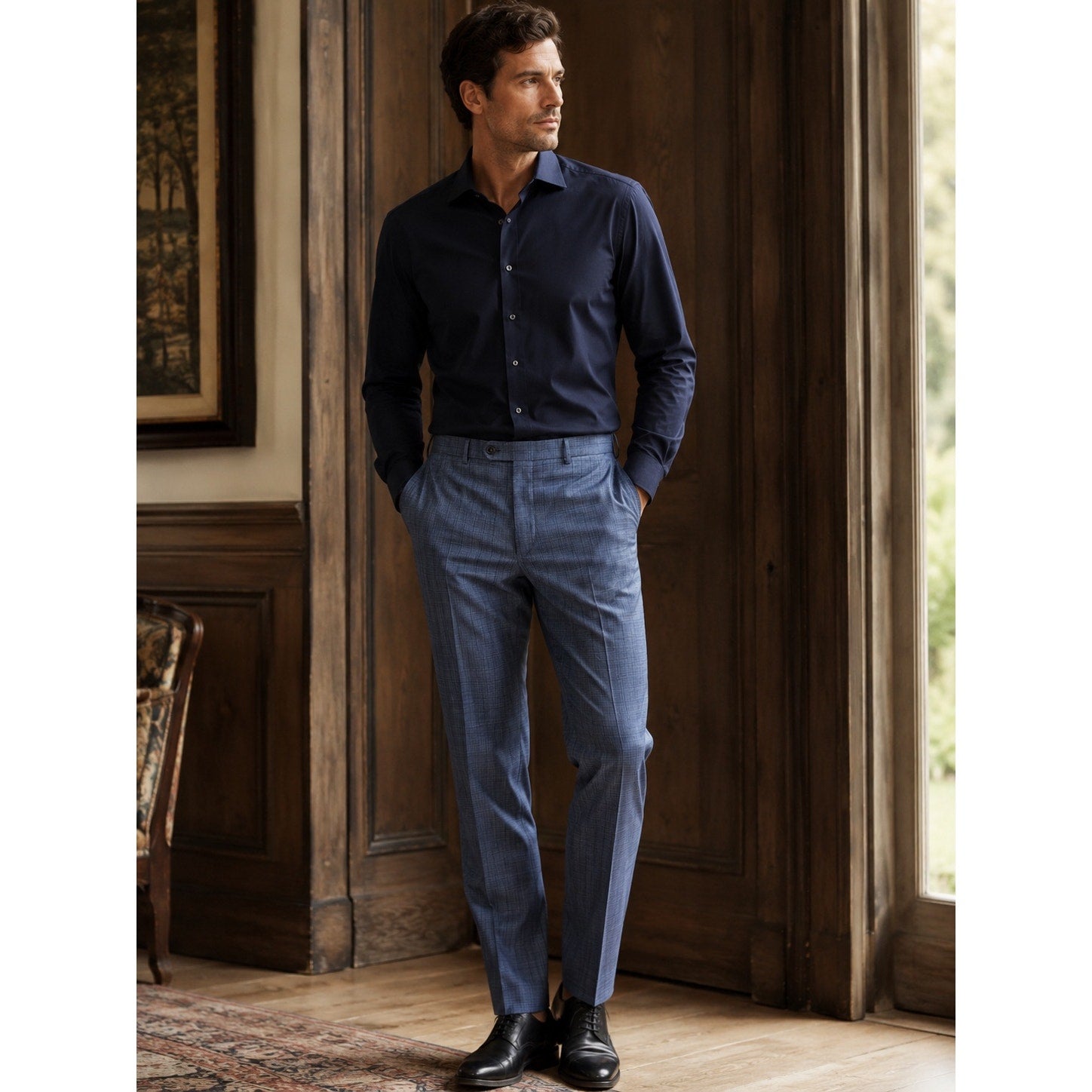 Canali Wool Plaid Dress Pants in Navy Gray Pinstripe — Size 38 // Preowned