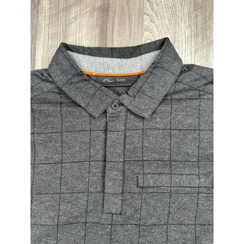 KJUS Inverness Windowpane Tech Polo in Charcoal, Black — Size 52 (Large)