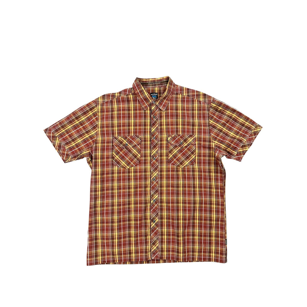 Kuhl Suncel Plaid Short Sleeve Button Down in Reddish Brown, Brown, Golden Yellow and White — Size XL // Preowned