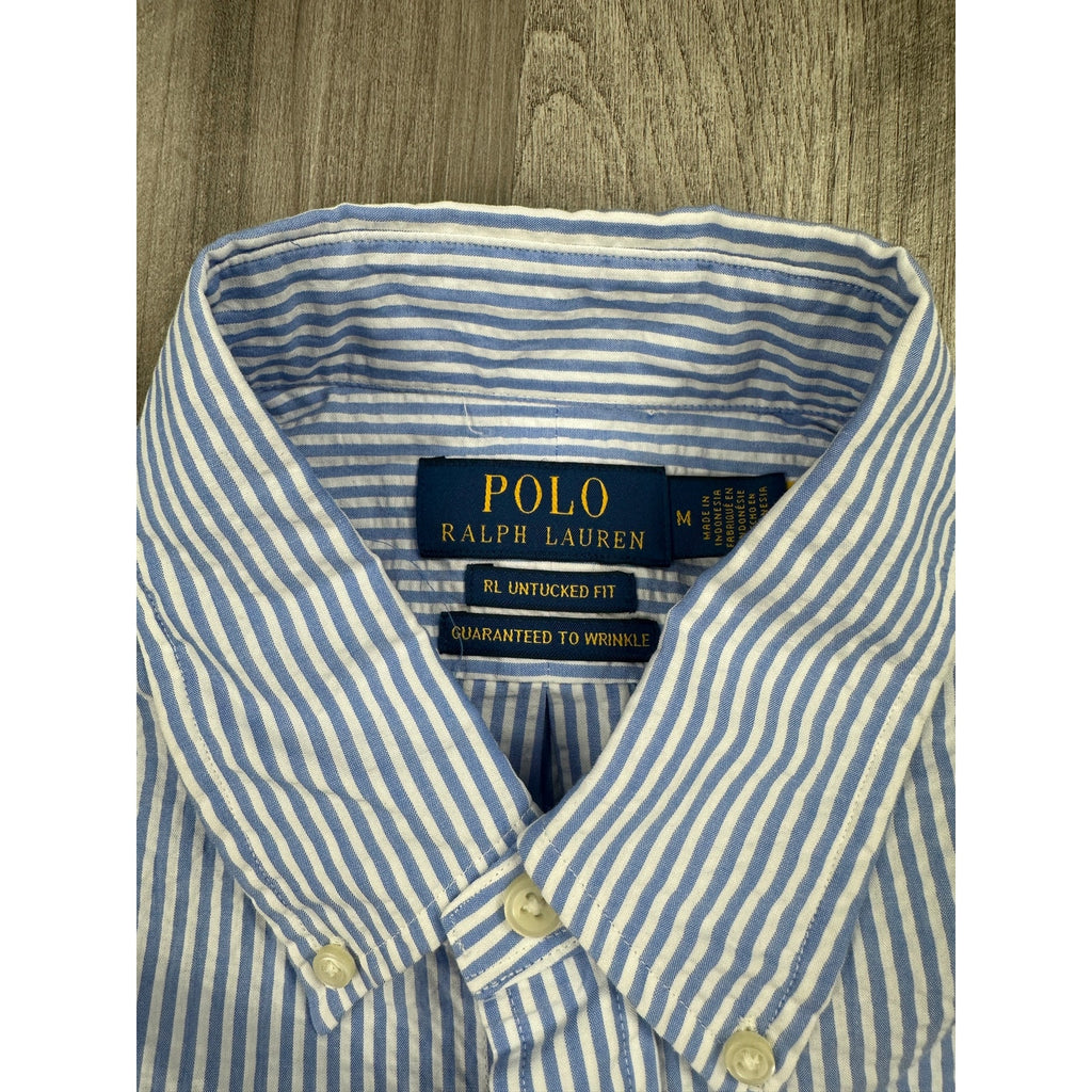 Polo Ralph Lauren Seersucker Untucked Fit Guaranteed to Wrinkle Short Sleeve Shirt in Blue, White — Size Medium