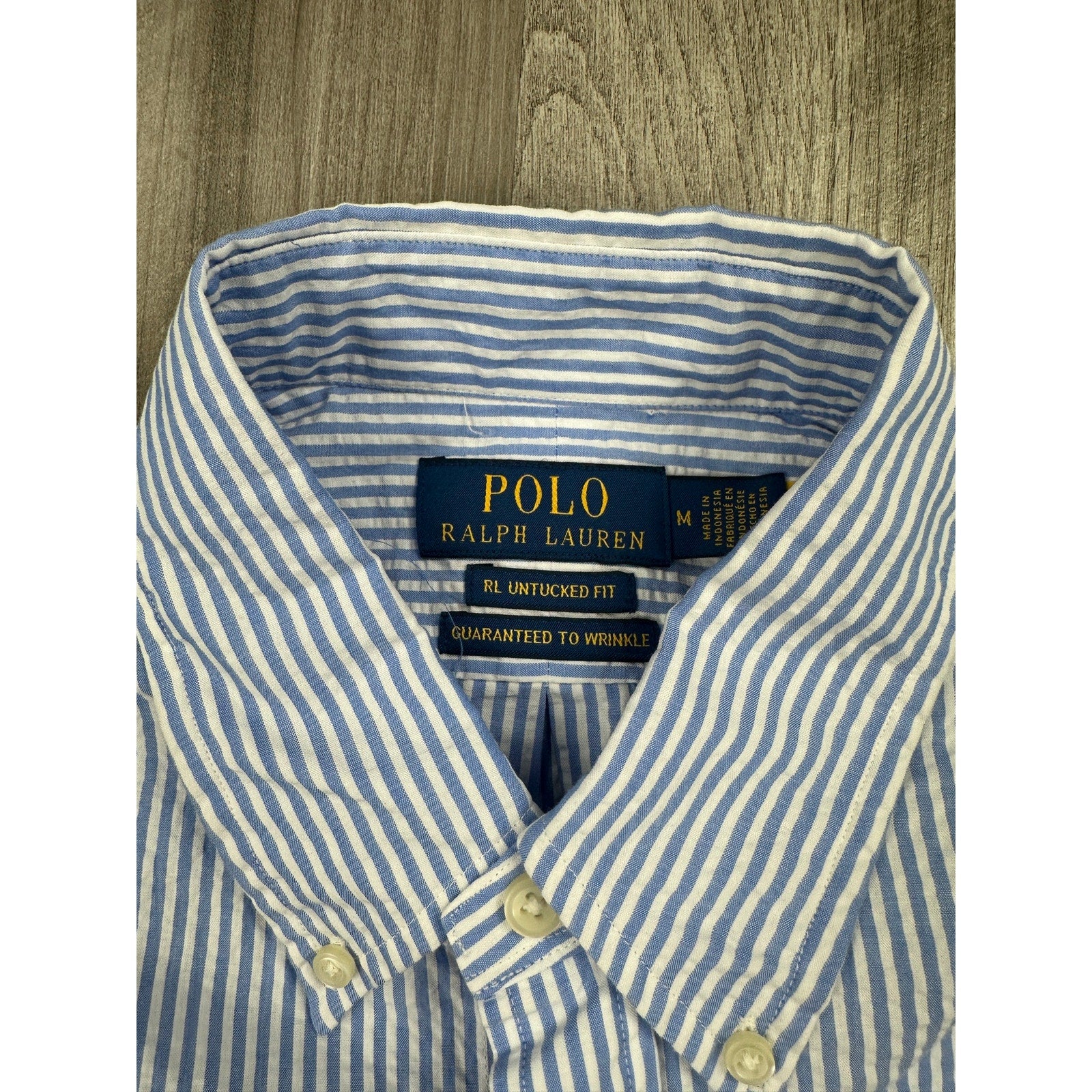 Polo Ralph Lauren Seersucker Untucked Fit Guaranteed to Wrinkle Short Sleeve Shirt in Blue, White — Size Medium