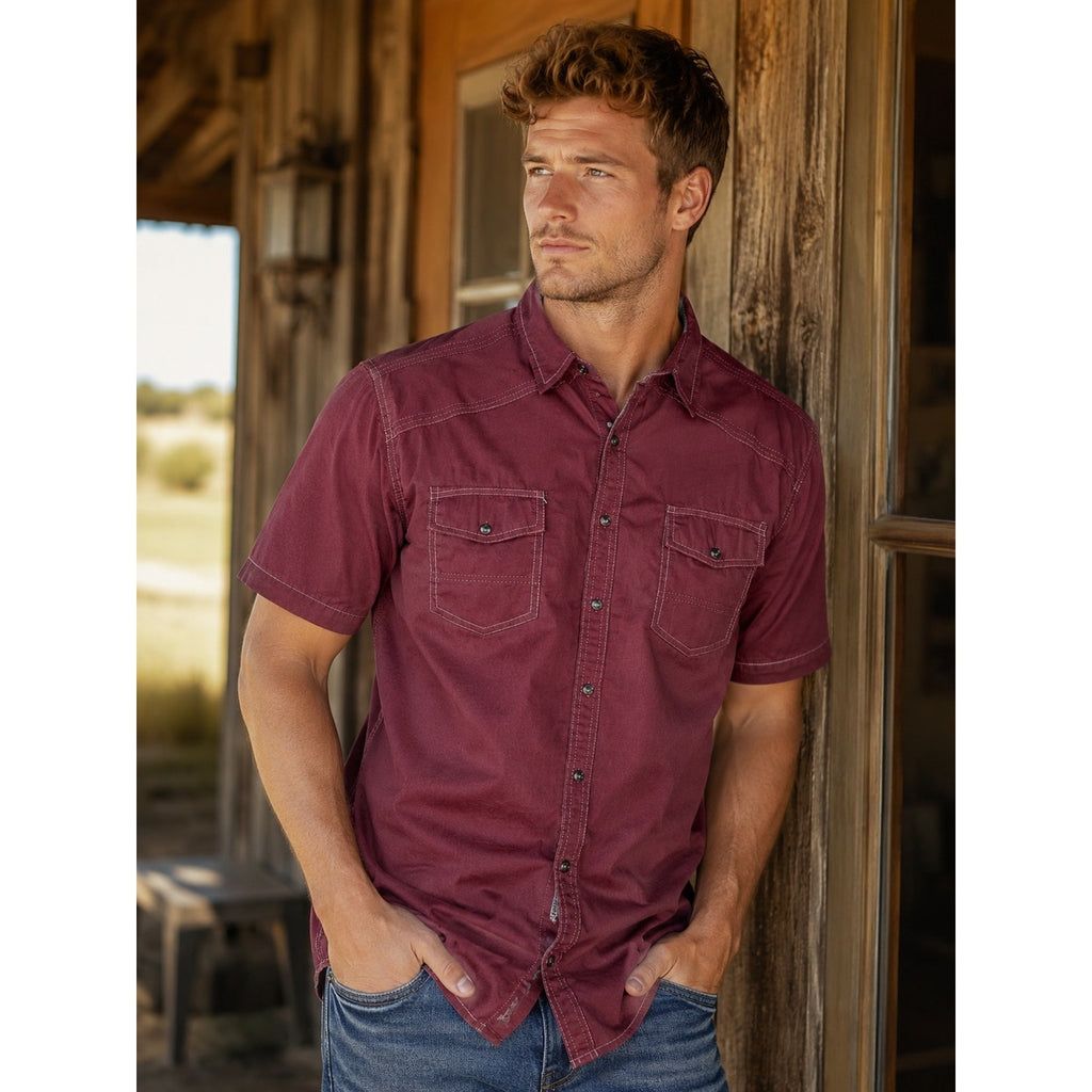 BKE Short Sleeve Athletic Fit Pearl Snap Button Down in Red Gray — Size 2XL // Preowned