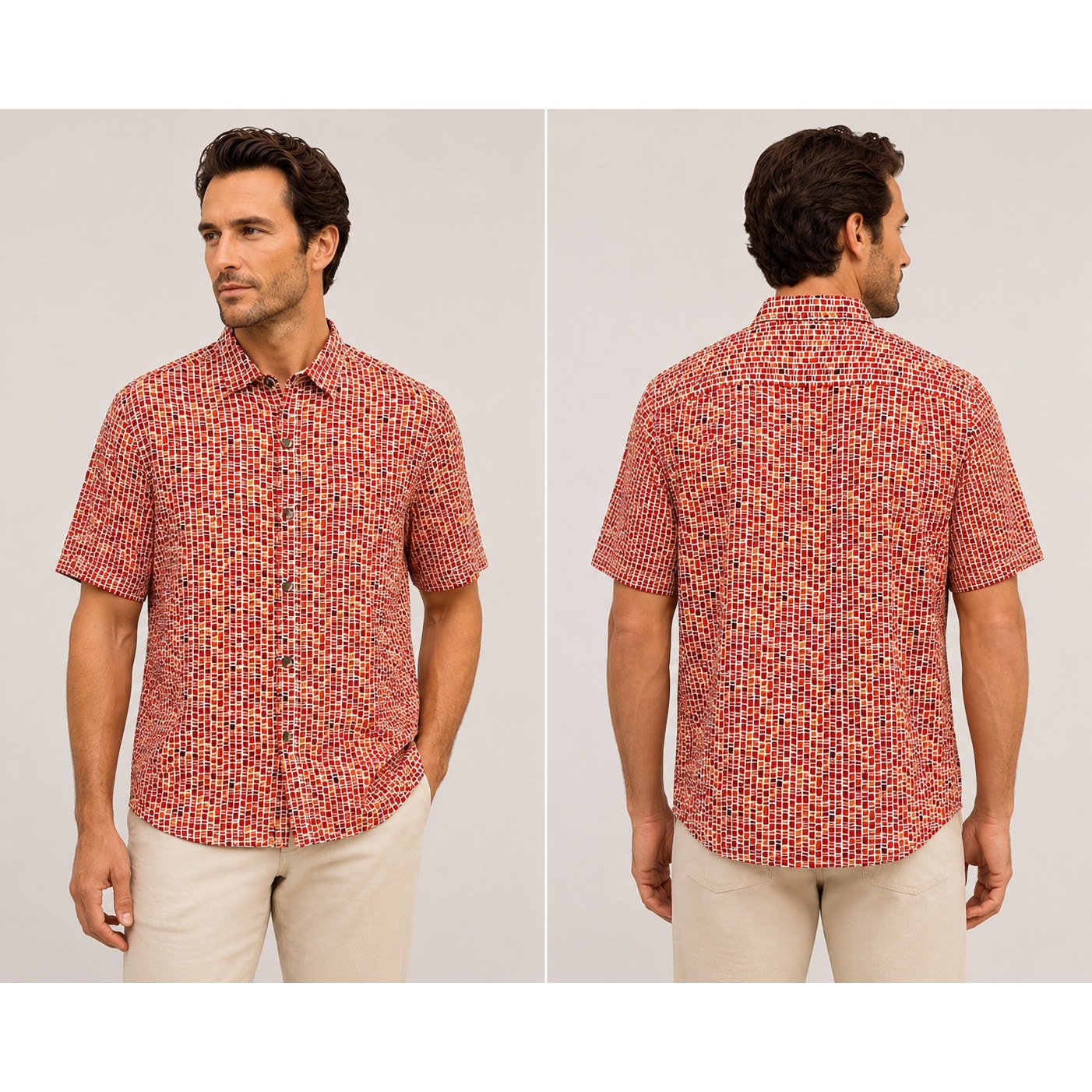 Tommy Bahama Bamboo Tiles Silk Short Sleeve Button Down in Boomerang Red — Size Medium