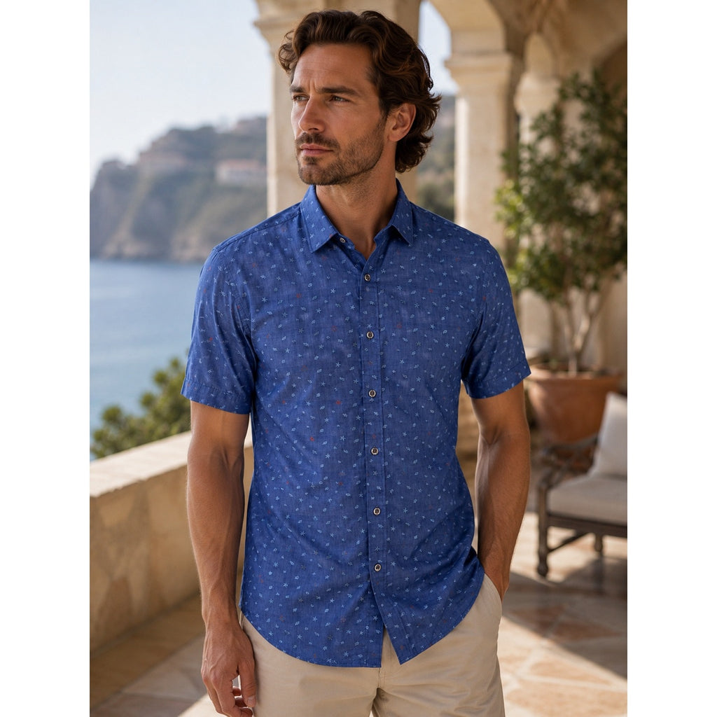 Bugatchi Classic Fit Starfish Sea Shell Print Short Sleeve Button Down in Dark Chambray Multi — Size Large // Preowned