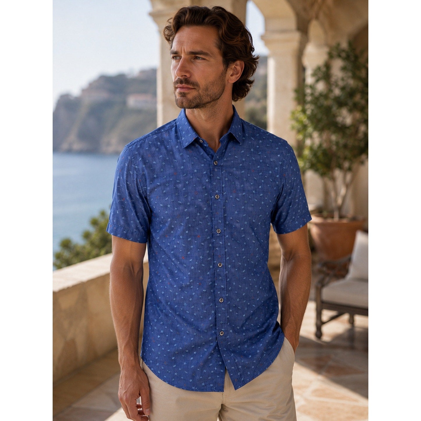 Bugatchi Classic Fit Starfish Sea Shell Print Short Sleeve Button Down in Dark Chambray Multi — Size Large // Preowned
