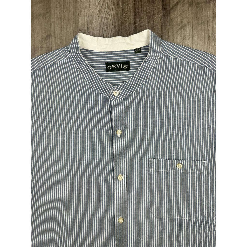Orvis Band Collar Linen Blend Striped Long Sleeve Button Down Shirt — Size 2XL // Preowned