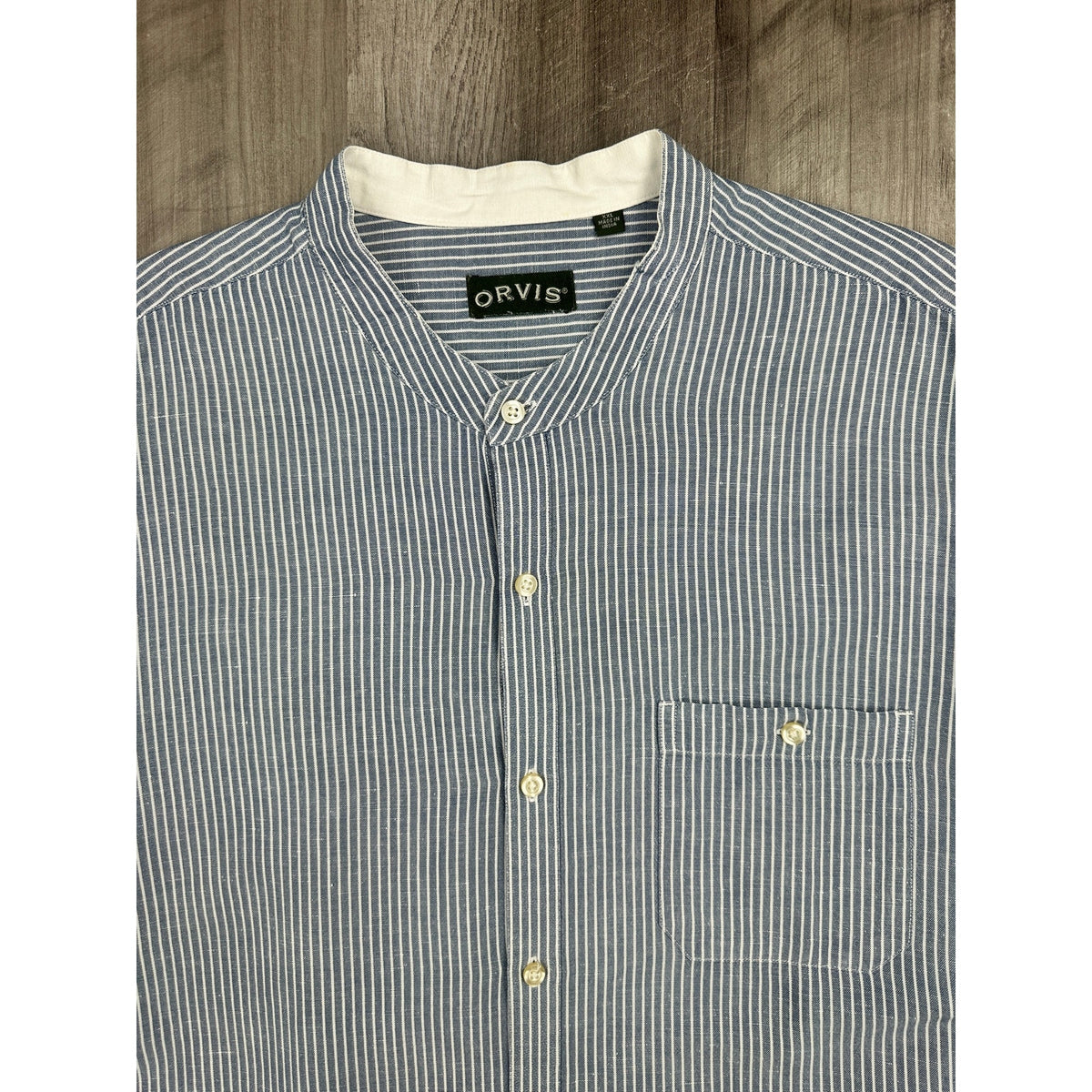Orvis Band Collar Linen Blend Striped Long Sleeve Button Down Shirt — Size 2XL // Preowned
