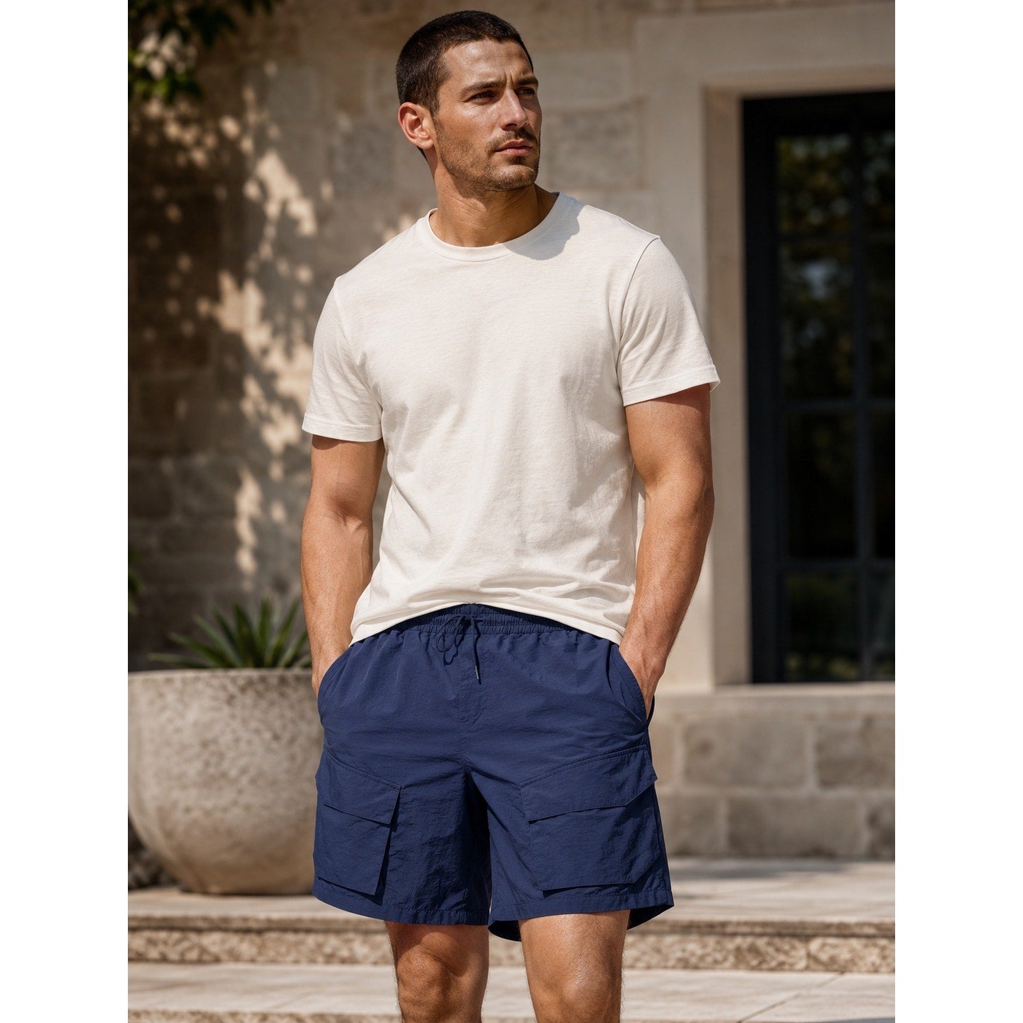 Richie Le Utility Cargo Shorts Lined Athletic Performance Shorts in Navy — Size Large