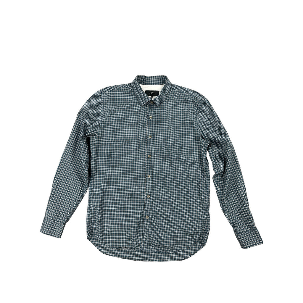7 For All Mankind Plaid Long Sleeve Button Down in Dark Green Midnight and White — Size Medium // Preowned