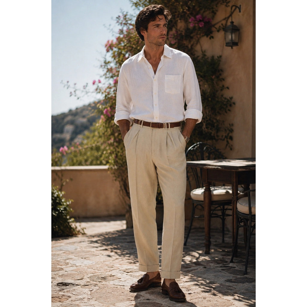 Polo Ralph Lauren Vintage The Tyler Dominican Republic Linen Pleated Cuffed Pants in Khaki — Size 36x32 // Preowned