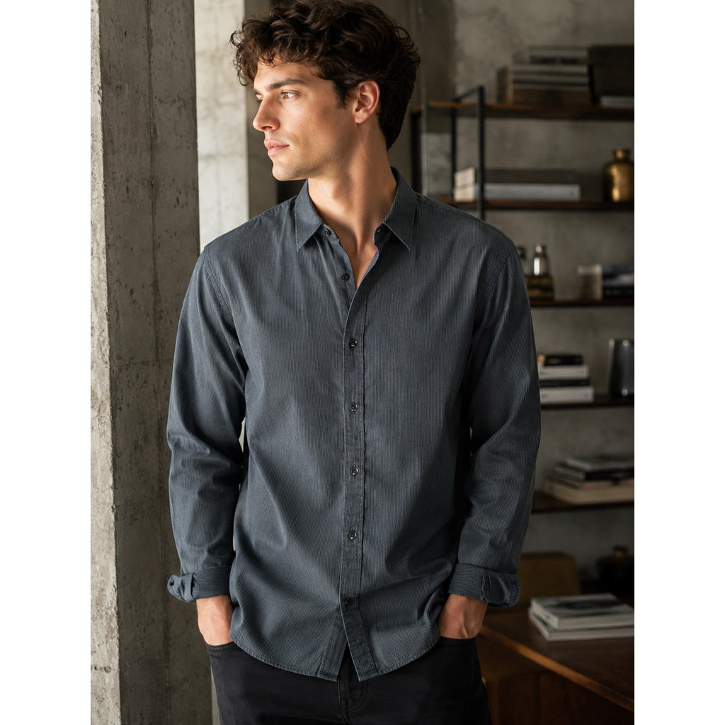 rag and bone Zane Poplin Wave Pinstripe Long Sleeve Button Down in Black and Gray — Size Large