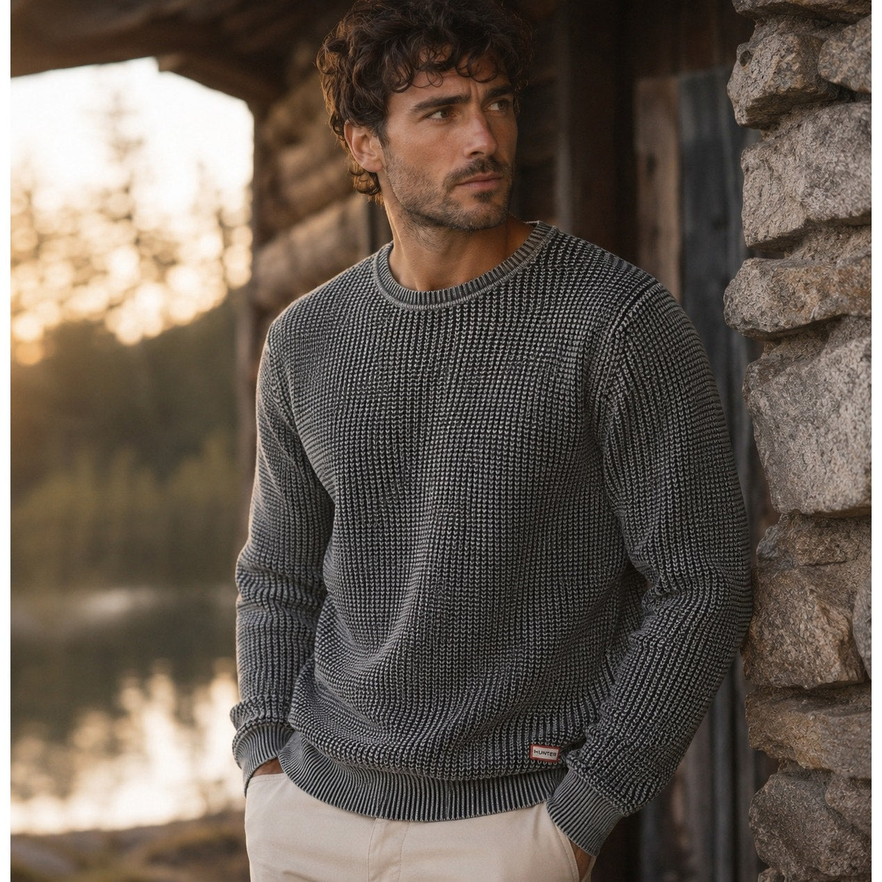 Hunter Waffle Knit Grey Crew Neck Sweater - Large