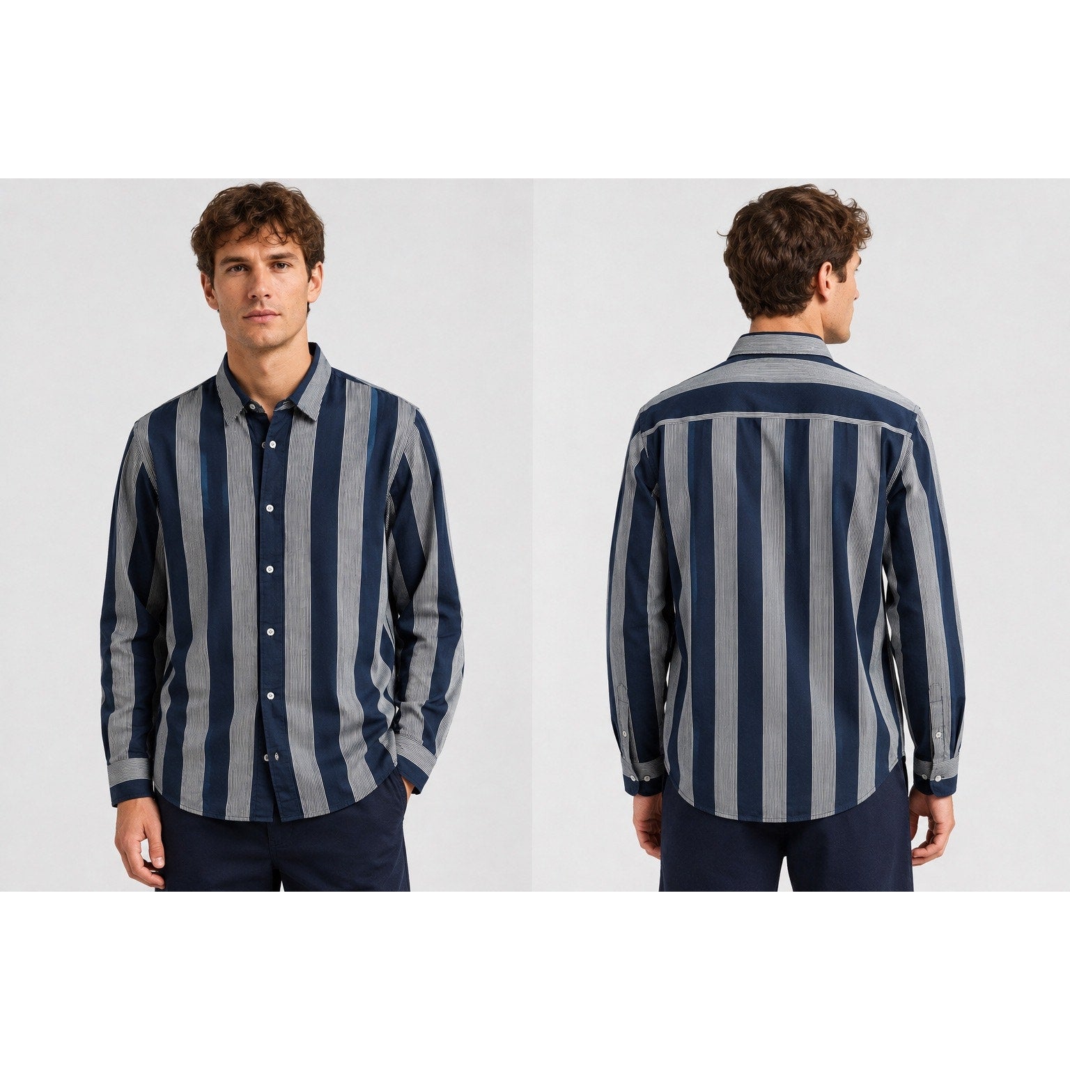NN07 No Nationality Ericco Stripe Pocket Shirt in Navy, Gray — Size Large // Preowned