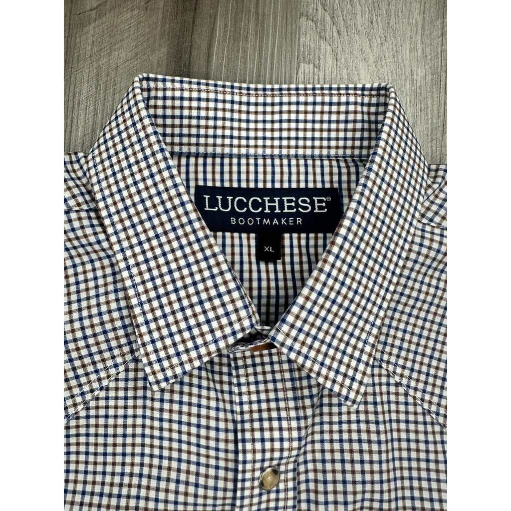 Lucchese Bootmaker Tattersall Plaid Western Long Sleeve Pearl Snap Button Down in Navy Brown and White — Size XL // Preowned