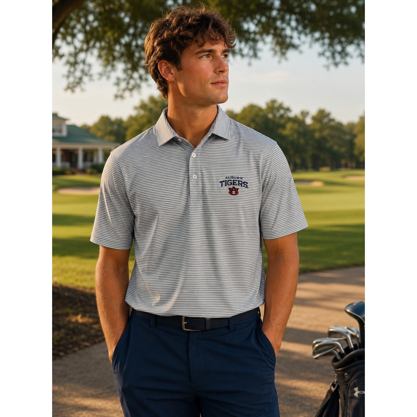 Under Armour Auburn Tigers HeatGear Loose Fit Striped Golf Polo in Gray White — Size Large // Preowned