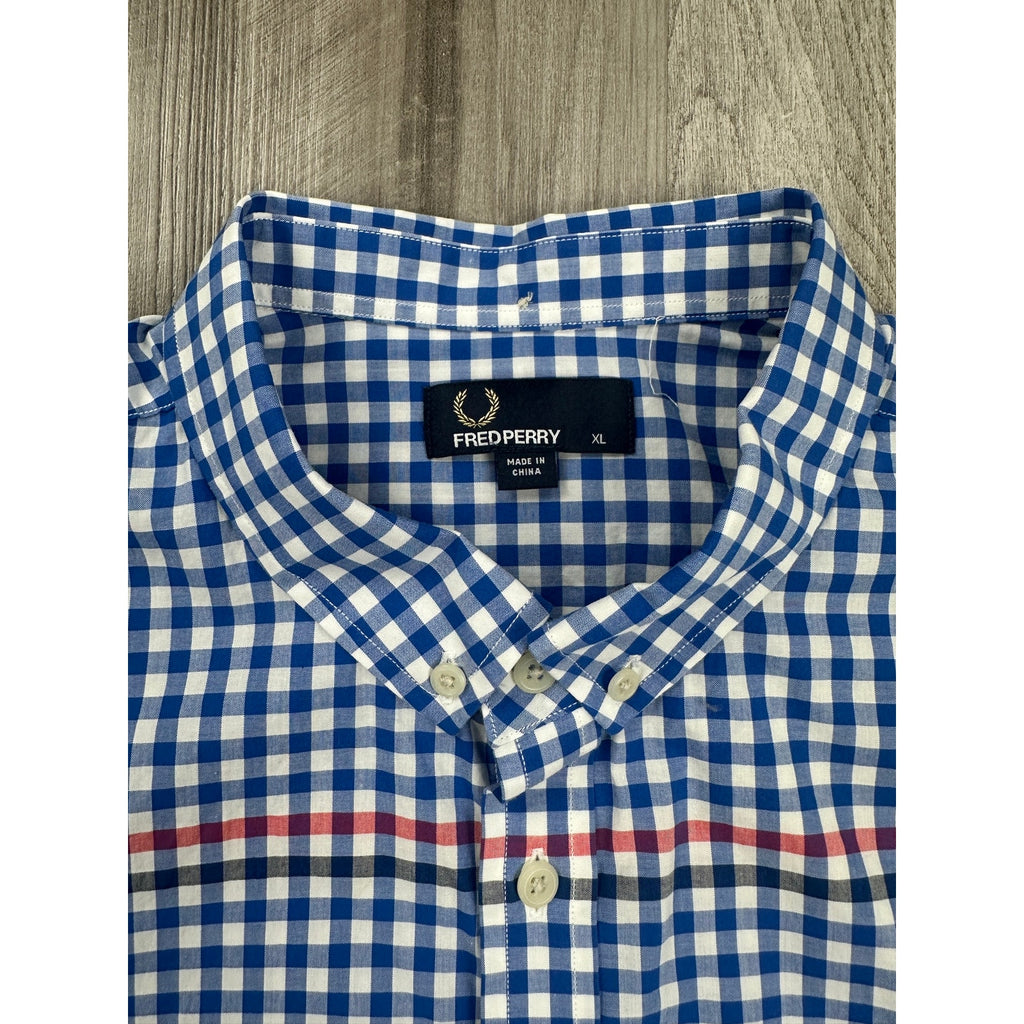 Fred Perry Gingham Short Sleeve Button Down in Blue Red White — Size XL // Preowned