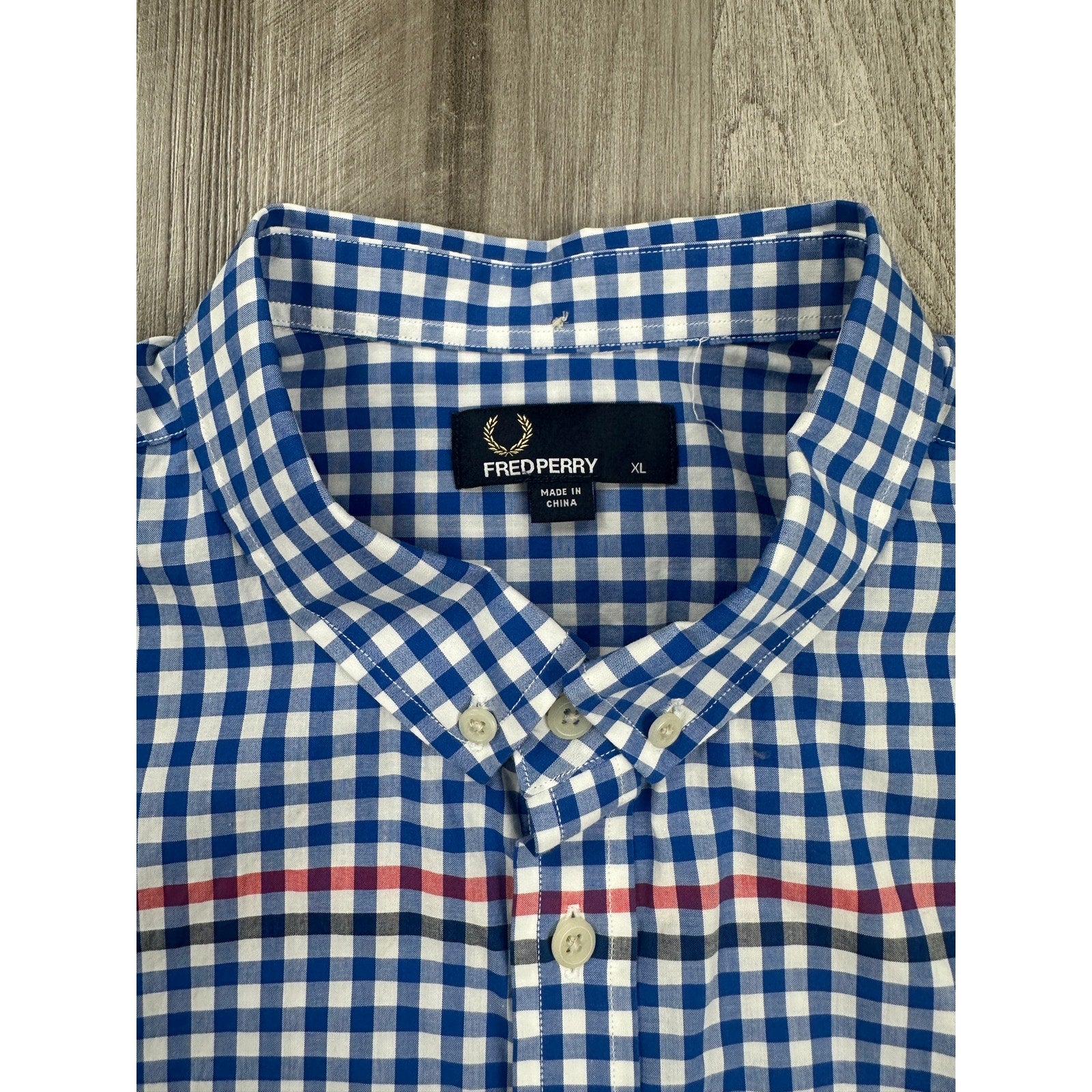 Fred Perry Gingham Short Sleeve Button Down in Blue Red White — Size XL // Preowned