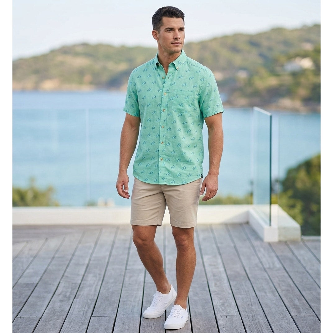Southern Tide Linen Blend Turtle Cove Short Sleeve Sport Button Down - Small