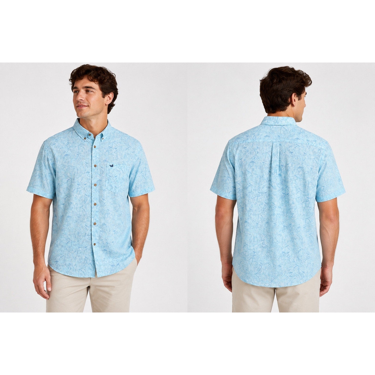Southern Marsh Flamingos Linen Blend Short Sleeve Shirt in Light Blue — Size XL // Preowned