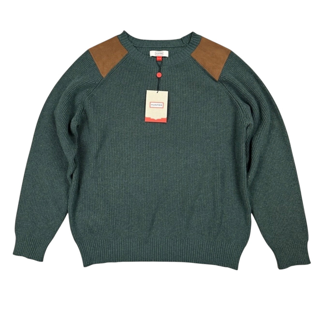 Hunter Faux Leather Patched Hunter Green Knit Crew Neck Sweater - XL
