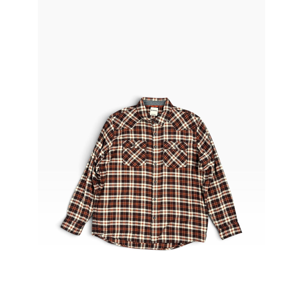 Simms Santee Flannel Camp Plaid Long Sleeve Shirt in Mahogany, Tan — Size XL // Preowned