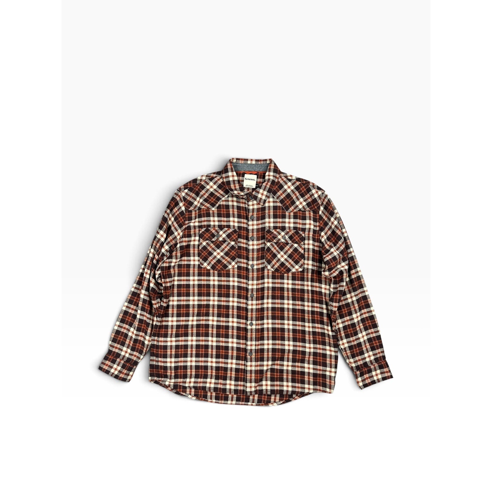 Simms Santee Flannel Camp Plaid Long Sleeve Shirt in Mahogany, Tan — Size XL // Preowned