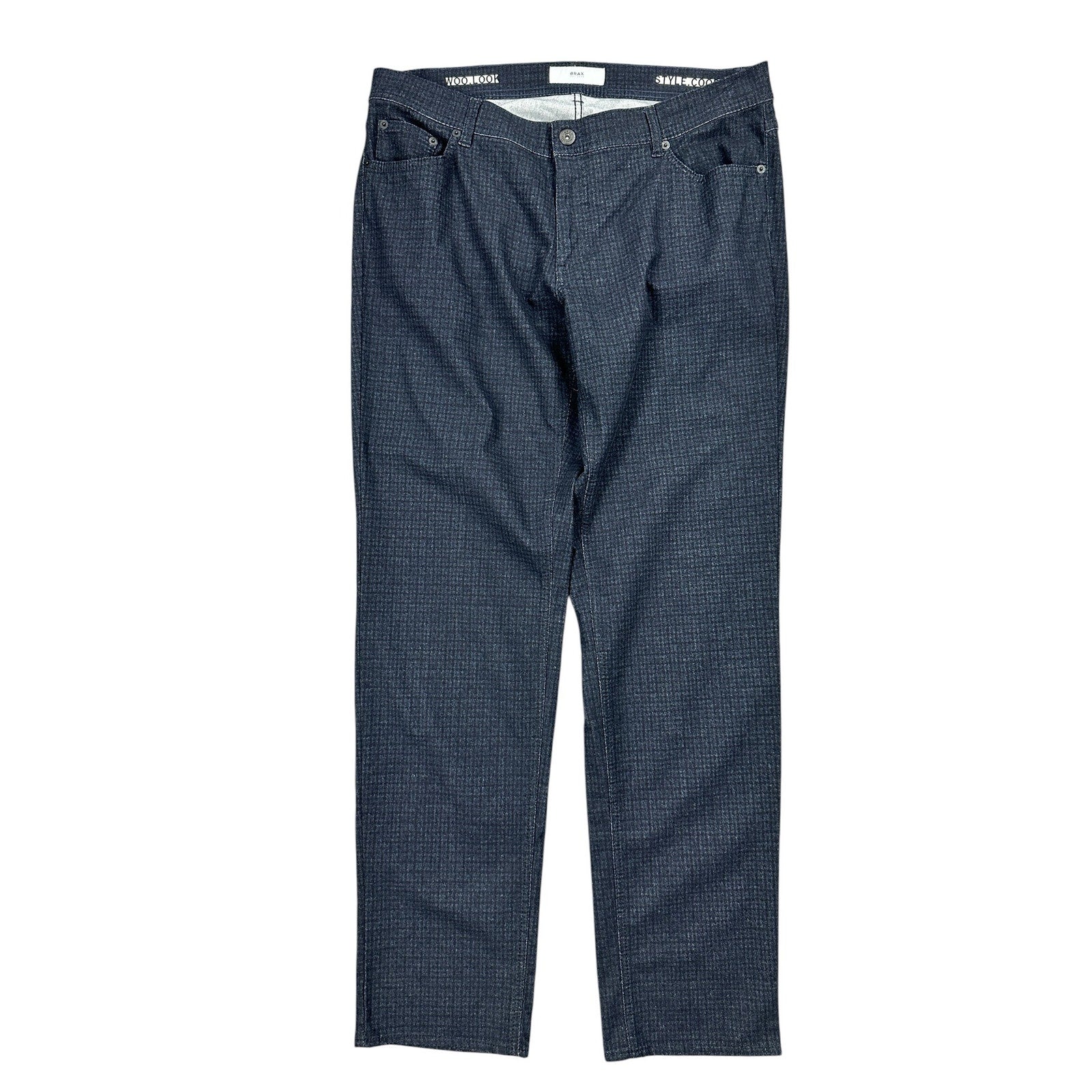 Brax Cooper Fancy Checkered Print Pants in Black and Navy — Size 38x34 // Preowned