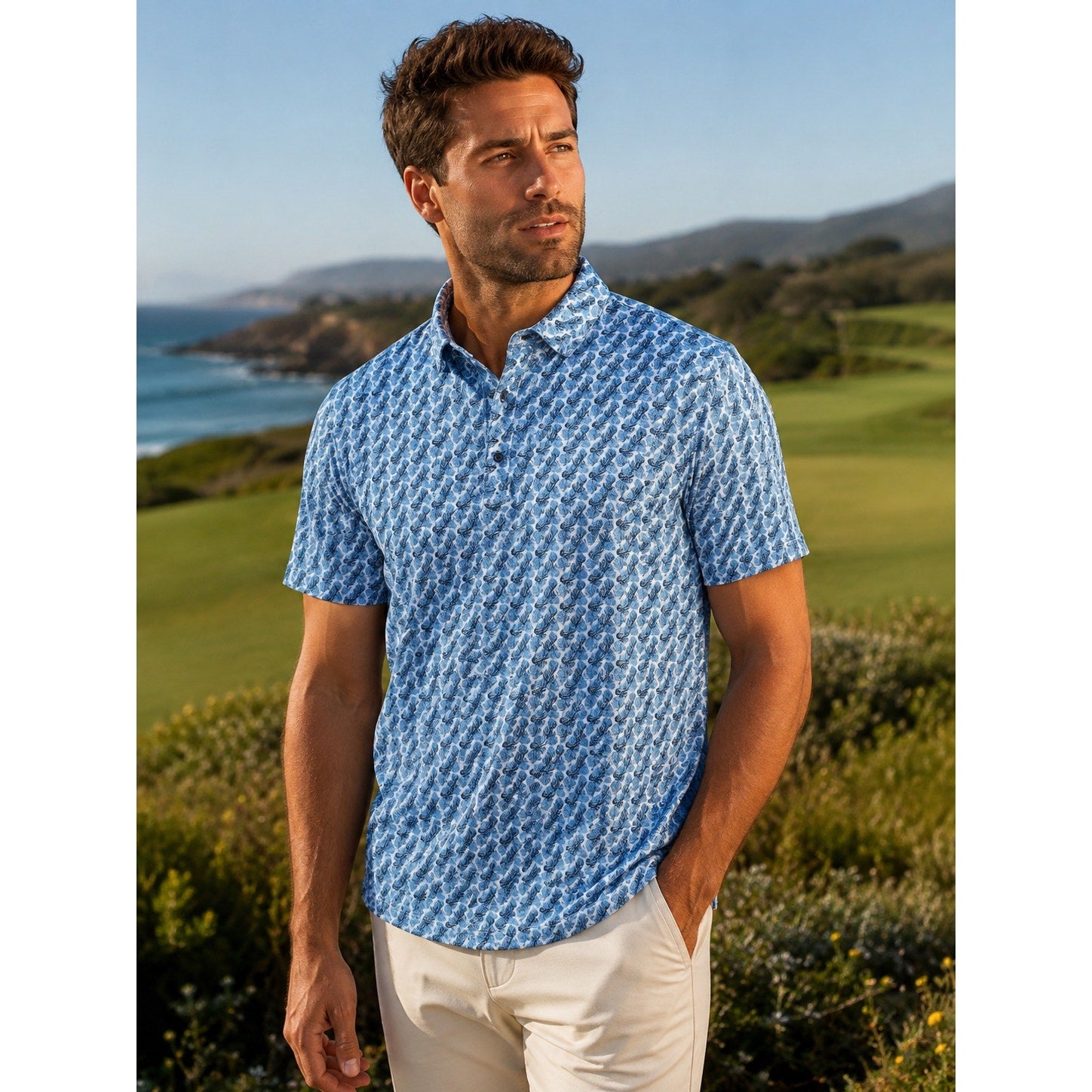 7 Diamonds Palm Leaf 4 Way Stretch Performance Jersey Polo in Blue — Size XL