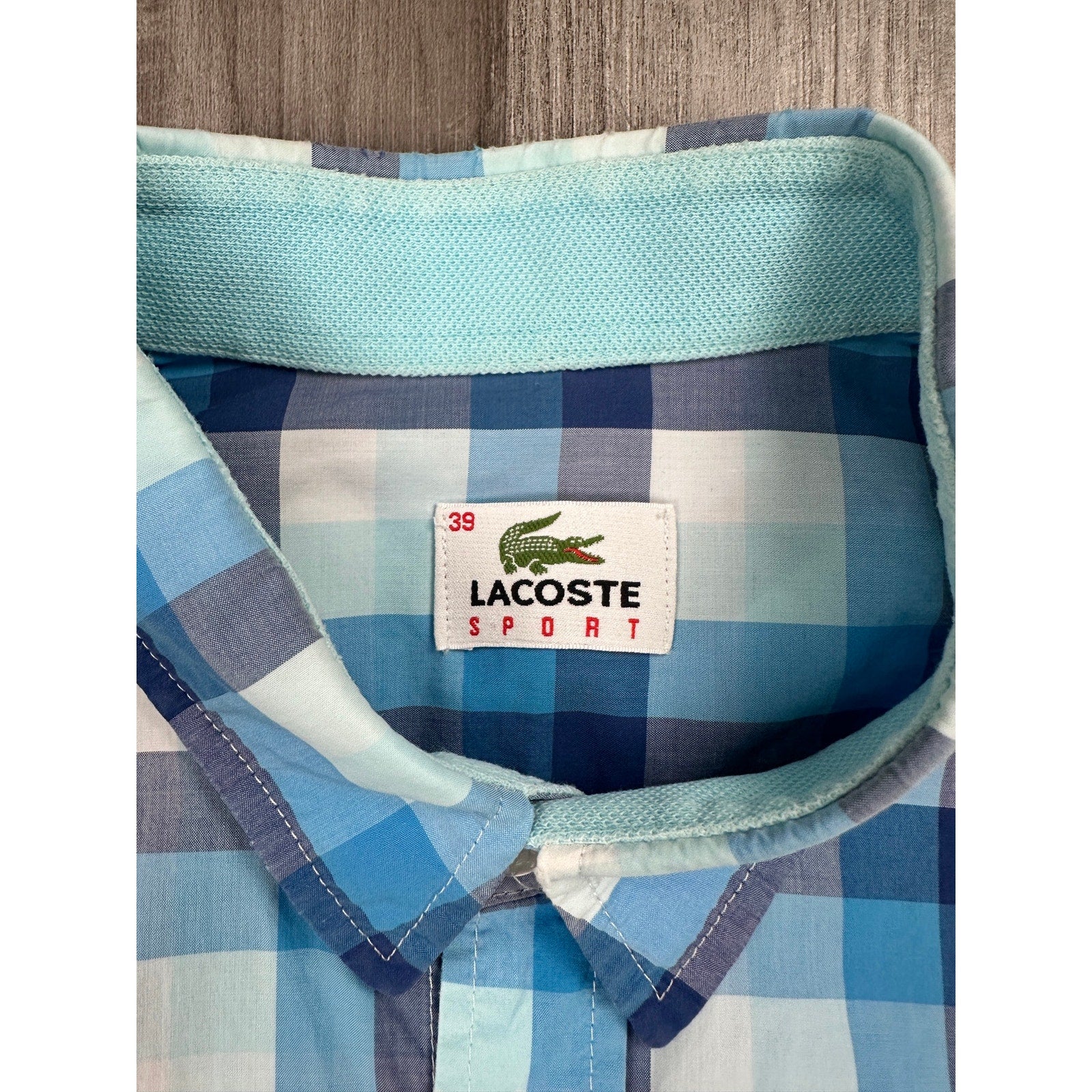 Lacoste Sport Trim Fit Checkered Short Sleeve Shirt in Blue, White — Size 39 (Medium) // Preowned