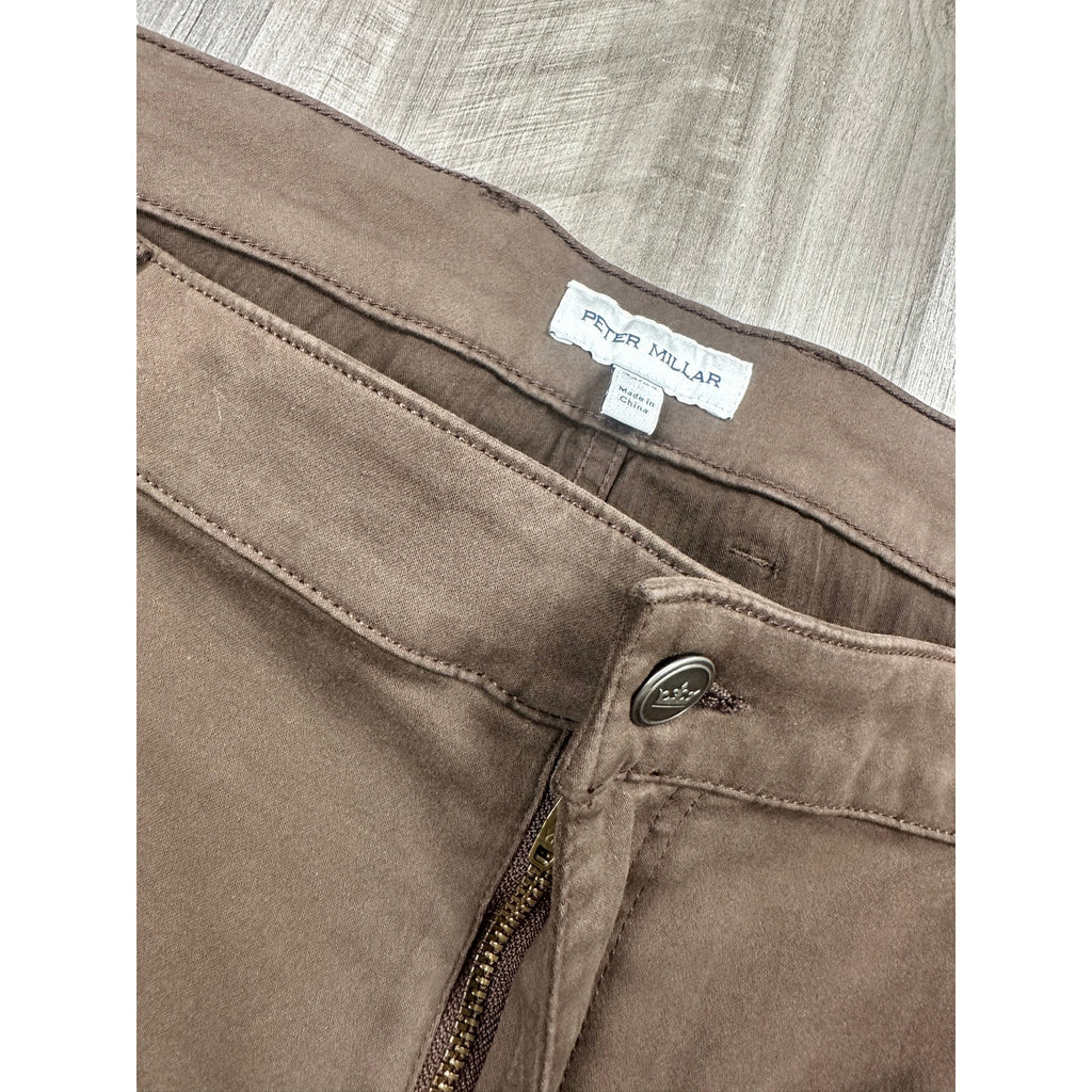 Peter Millar Signature Sateen 5 Pocket Chino Pants in French Press Brown — Size 42x34