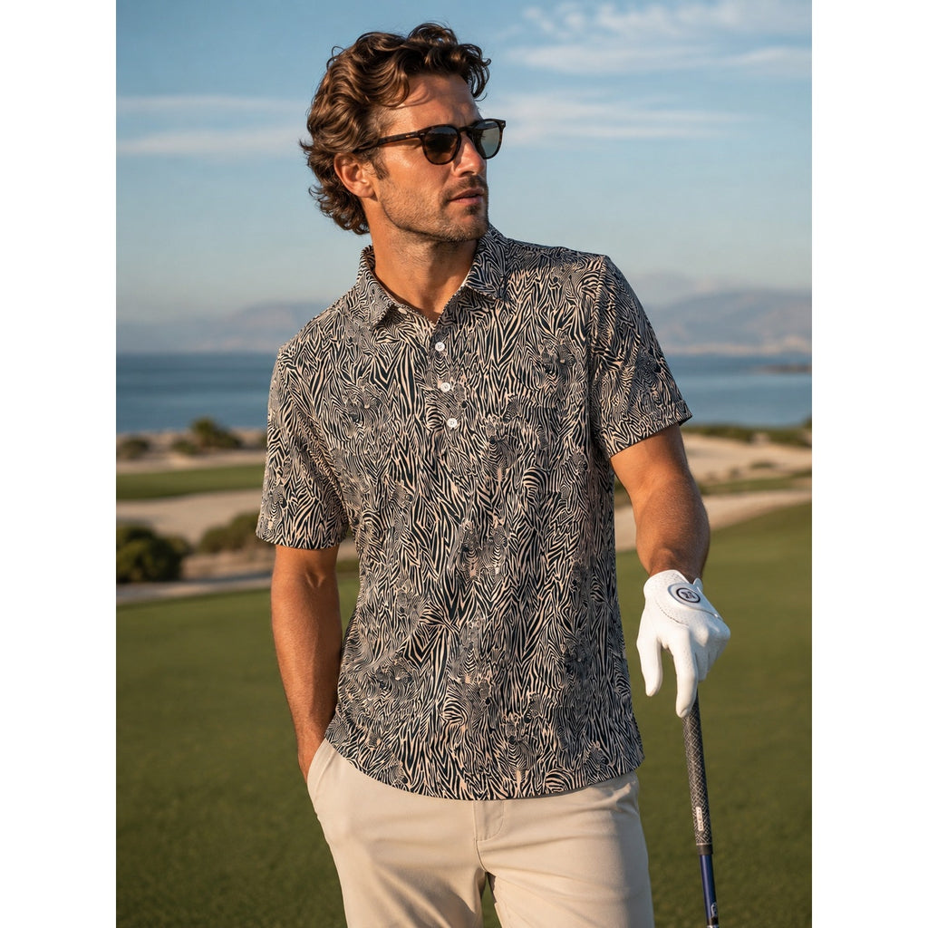William Murray Earn Your Stripes Zebra Performance Golf Polo in Tan, Black — Size XL // Preowned