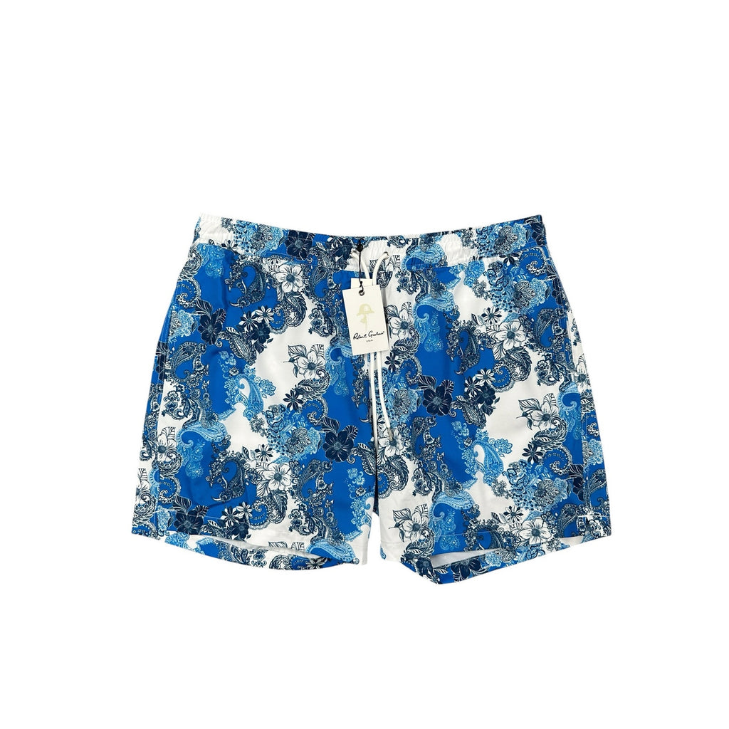 Robert Graham Floral Paisley Swim Trunks in Blue Navy and White — Size 2XL