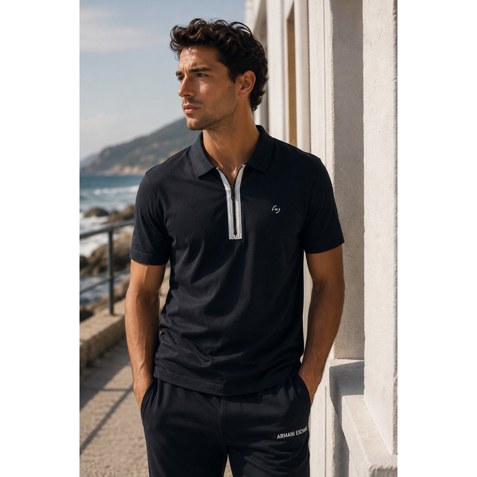 Armani Exchange Relaxed Fit Zip Front Polo in Black — Size Small // Preowned