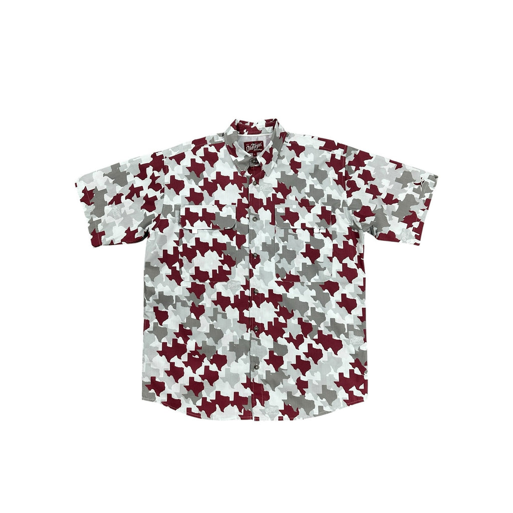 Old Tejas Camouflage Texas Short Sleeve Button Down in Maroon Gray — Size L // Preowned