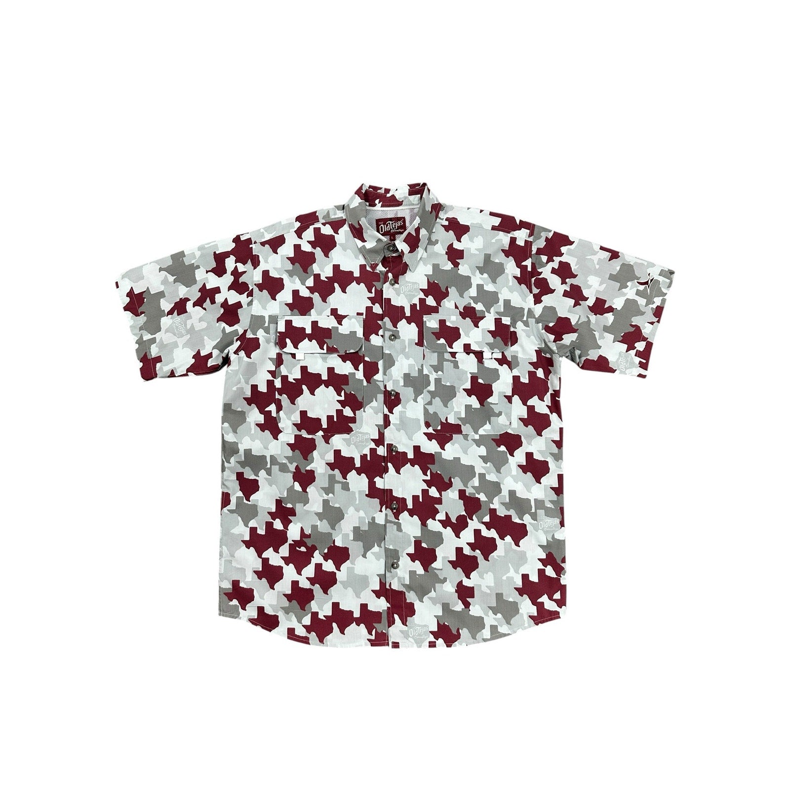 Old Tejas Camouflage Texas Short Sleeve Button Down in Maroon Gray — Size L // Preowned