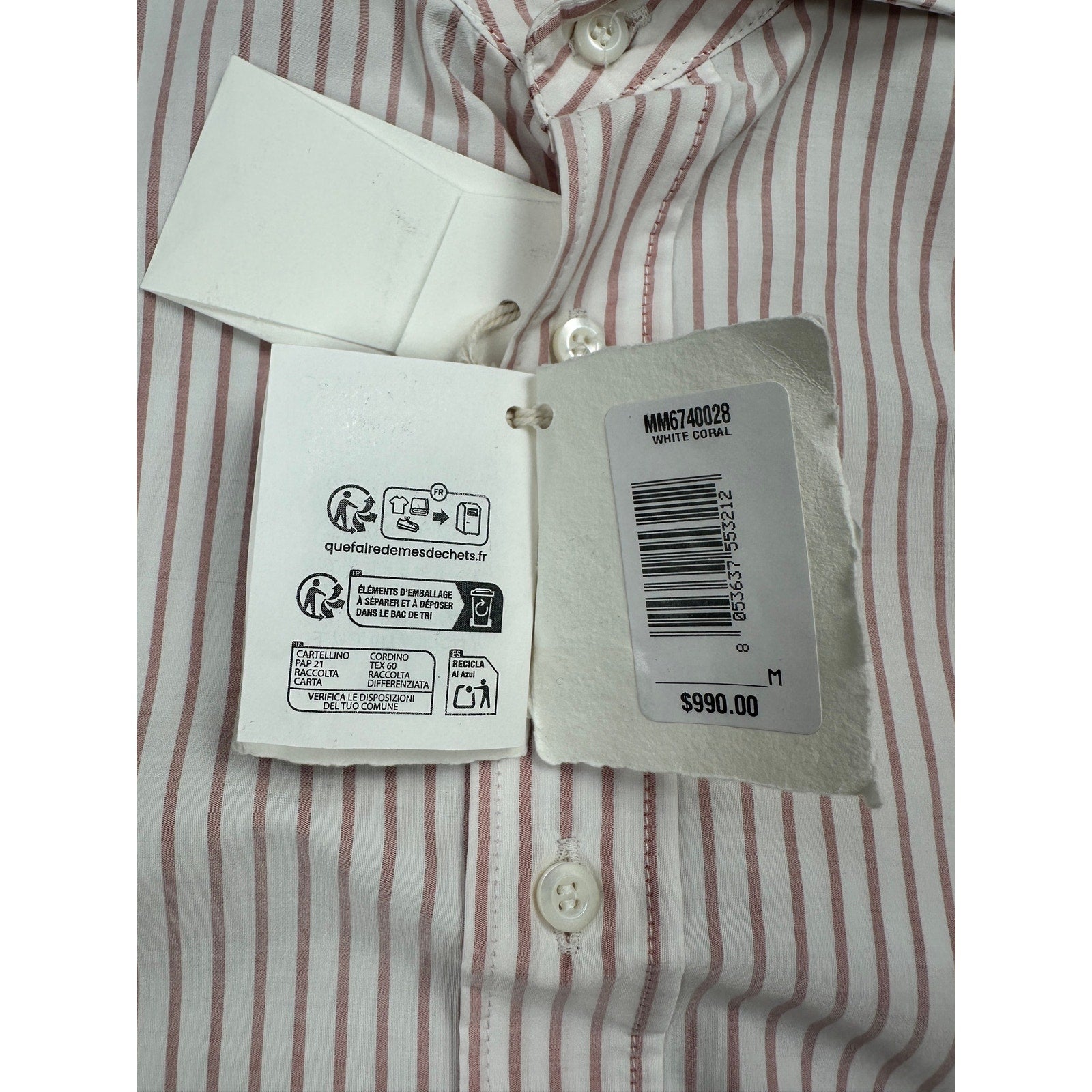 Brunello Cucinelli Made in Italy Basic Fit Striped Long Sleeve Button Down in White Coral — Size Medium