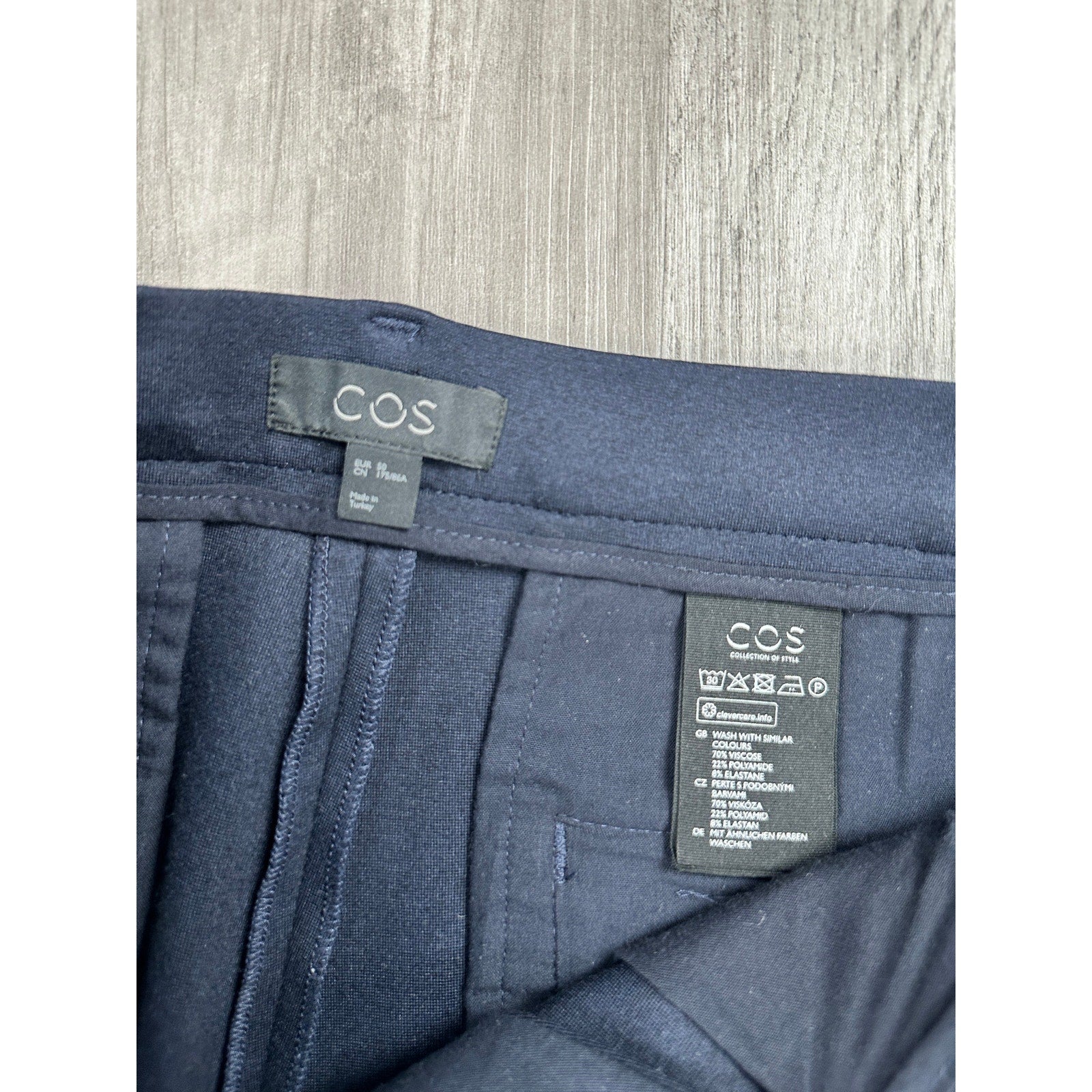 COS Slim Tapered Viscose Blend Ankle Zip Trousers in Navy — Size 50 (US 34R) // Preowned