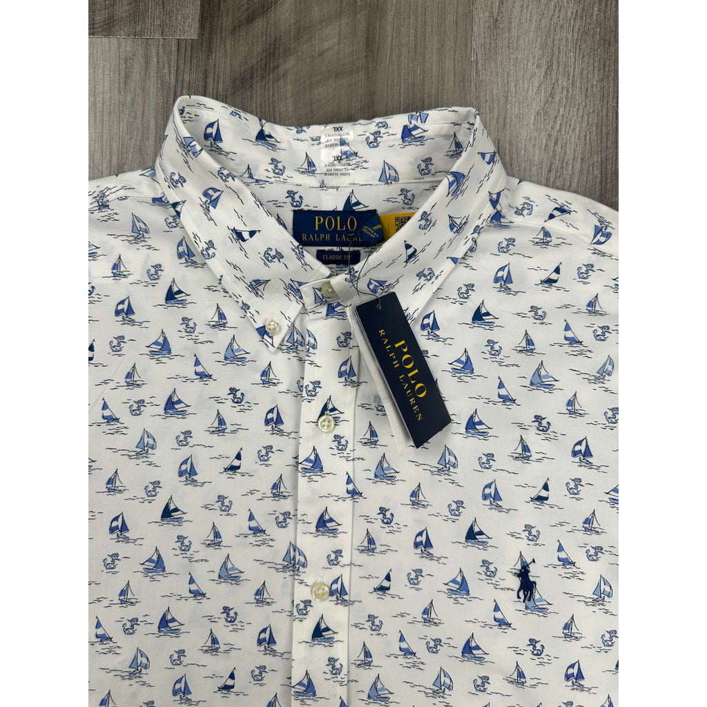 Polo Ralph Lauren Classic Fit Sailboat Anchor AOP Long Sleeve Shirt in White Blue — Size 2XL