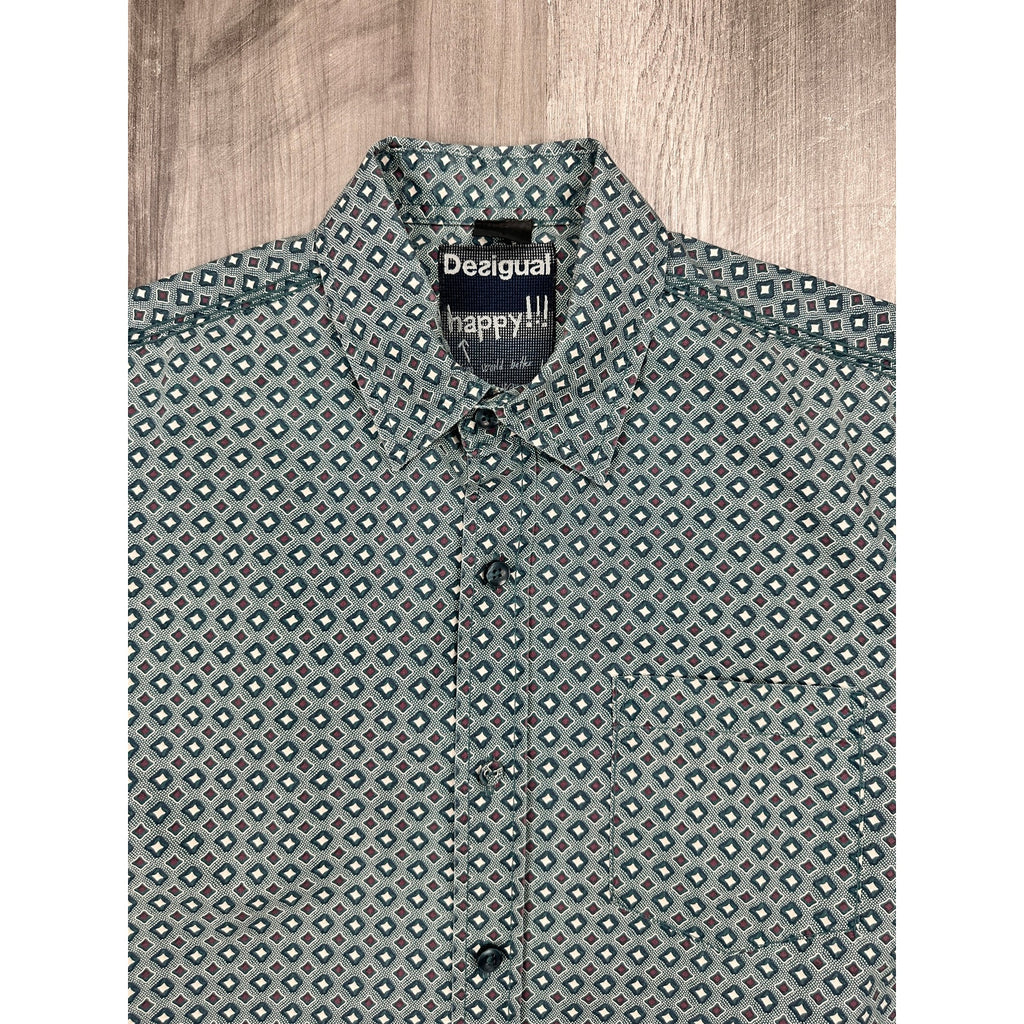 Desigual Abstract Happy Every Time Regular Fit Long Sleeve Shirt in Hunter Green, Brown, Light Cream — Size Small // Preowned