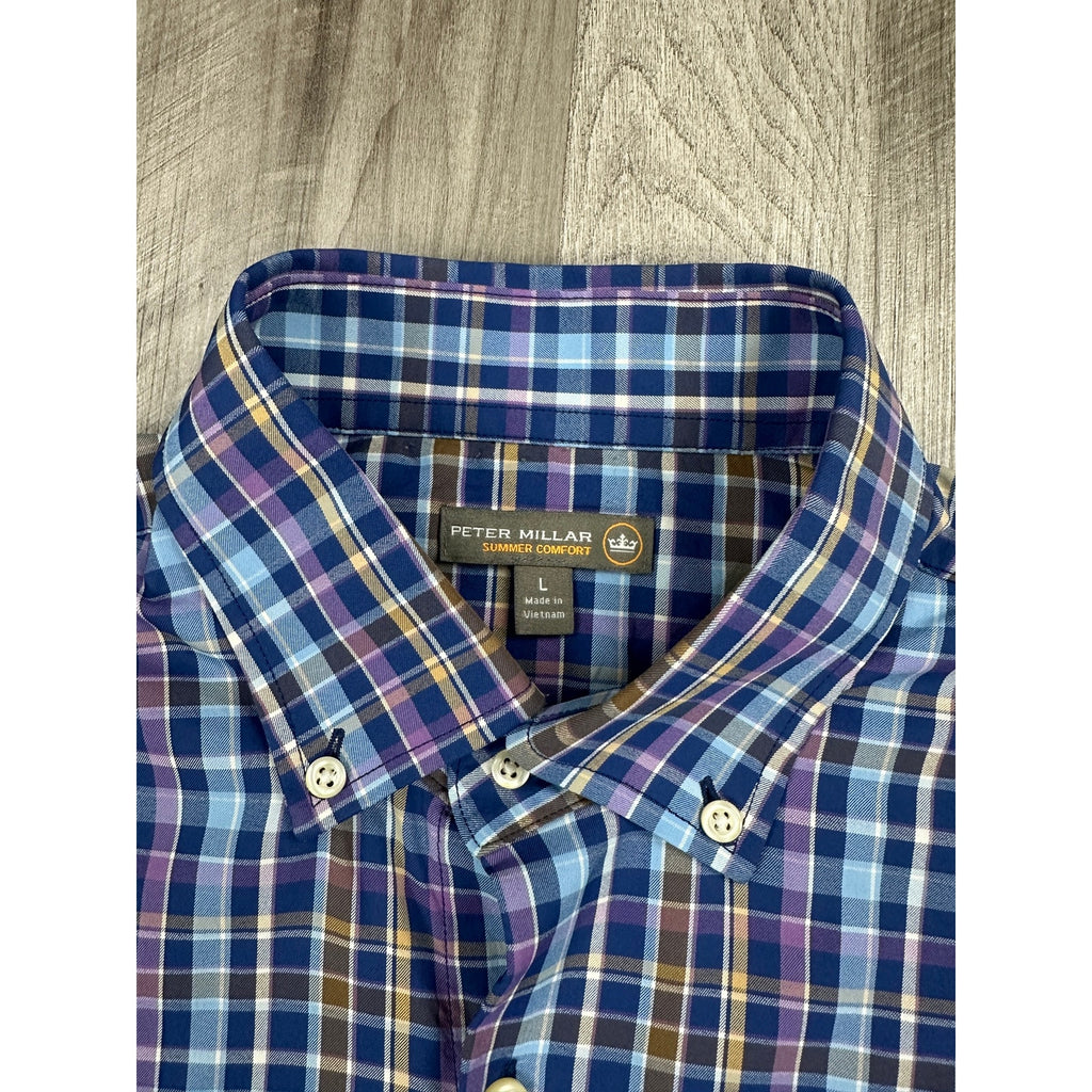 Peter Millar Summer Comfort Plaid Long Sleeve Shirt in Light Blue, Blue, Purple, Tan, White — Size Large // Preowned