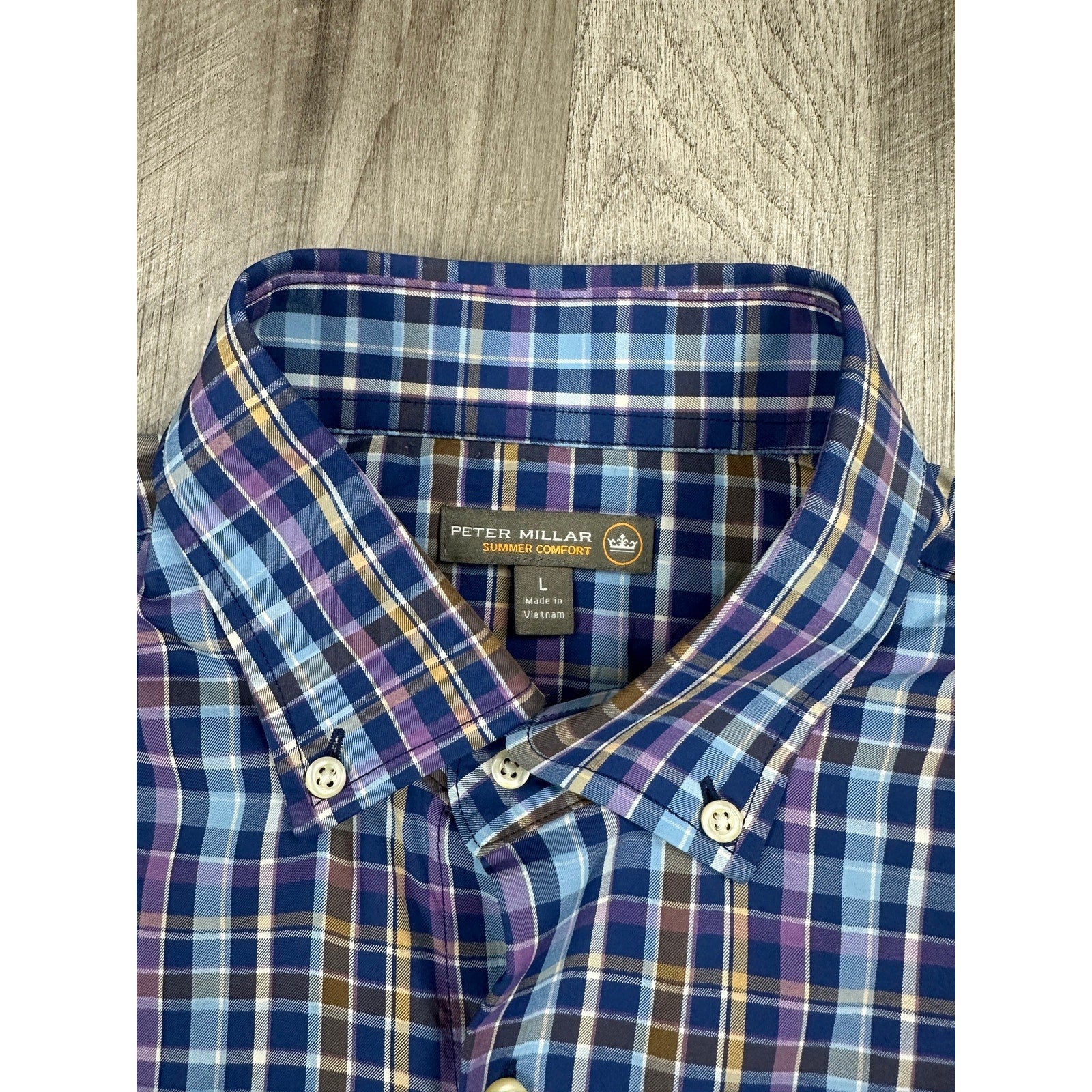 Peter Millar Summer Comfort Plaid Long Sleeve Shirt in Light Blue, Blue, Purple, Tan, White — Size Large // Preowned