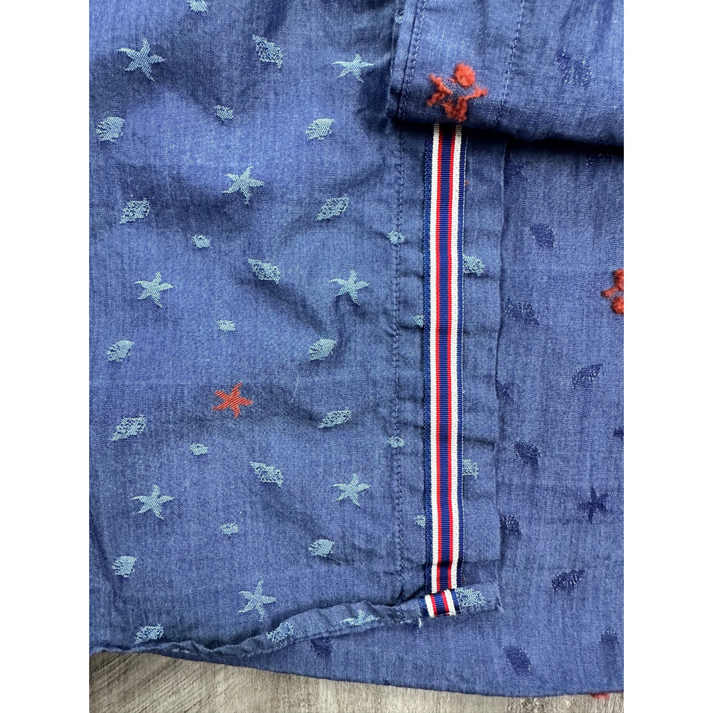 Bugatchi Classic Fit Starfish Sea Shell Print Short Sleeve Button Down in Dark Chambray Multi — Size Large // Preowned