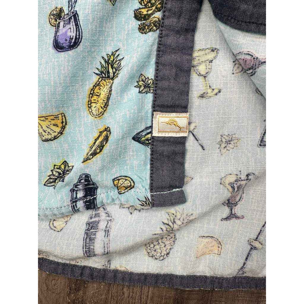Tommy Bahama Coastal Ease Shake & Sip Cocktail Print Short Sleeve Button Down in Blue with Multi Print — Size Medium // Preowned