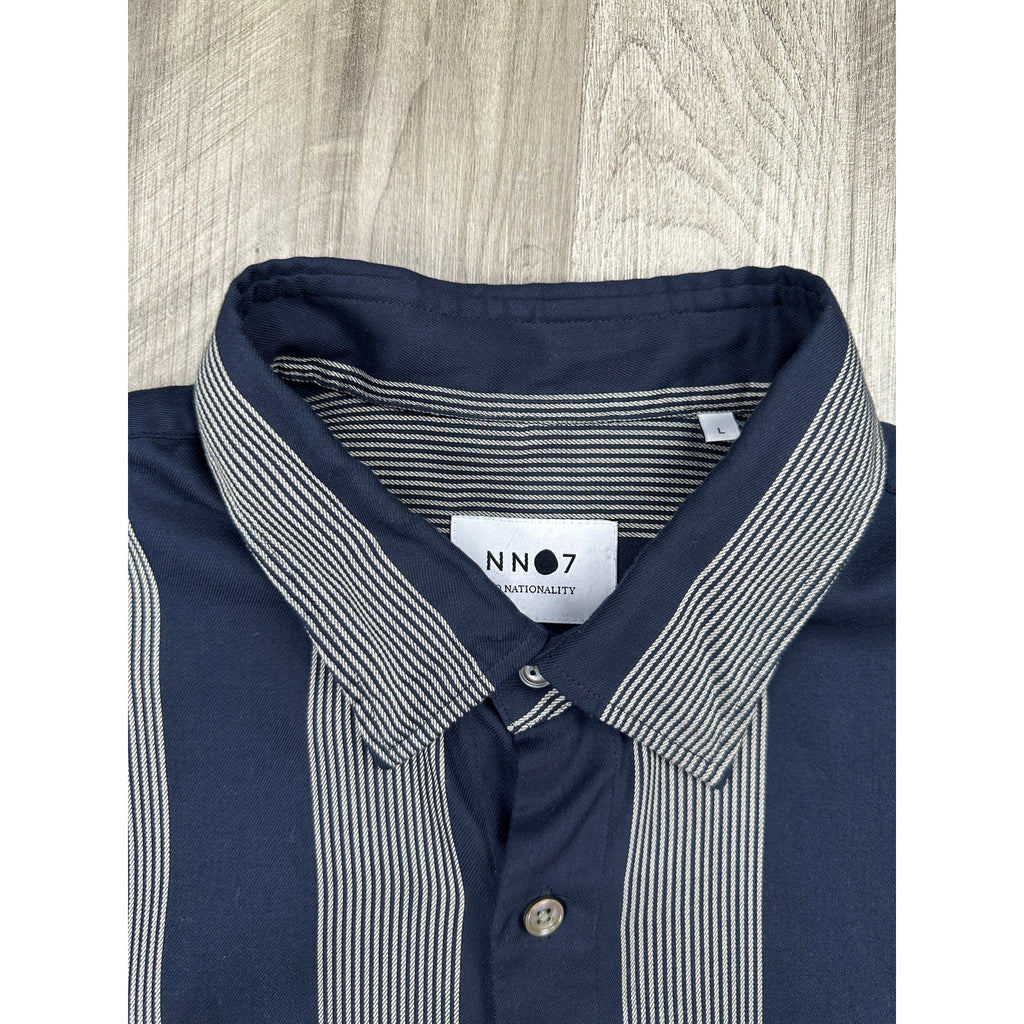 NN07 No Nationality Ericco Stripe Pocket Shirt in Navy, Gray — Size Large // Preowned