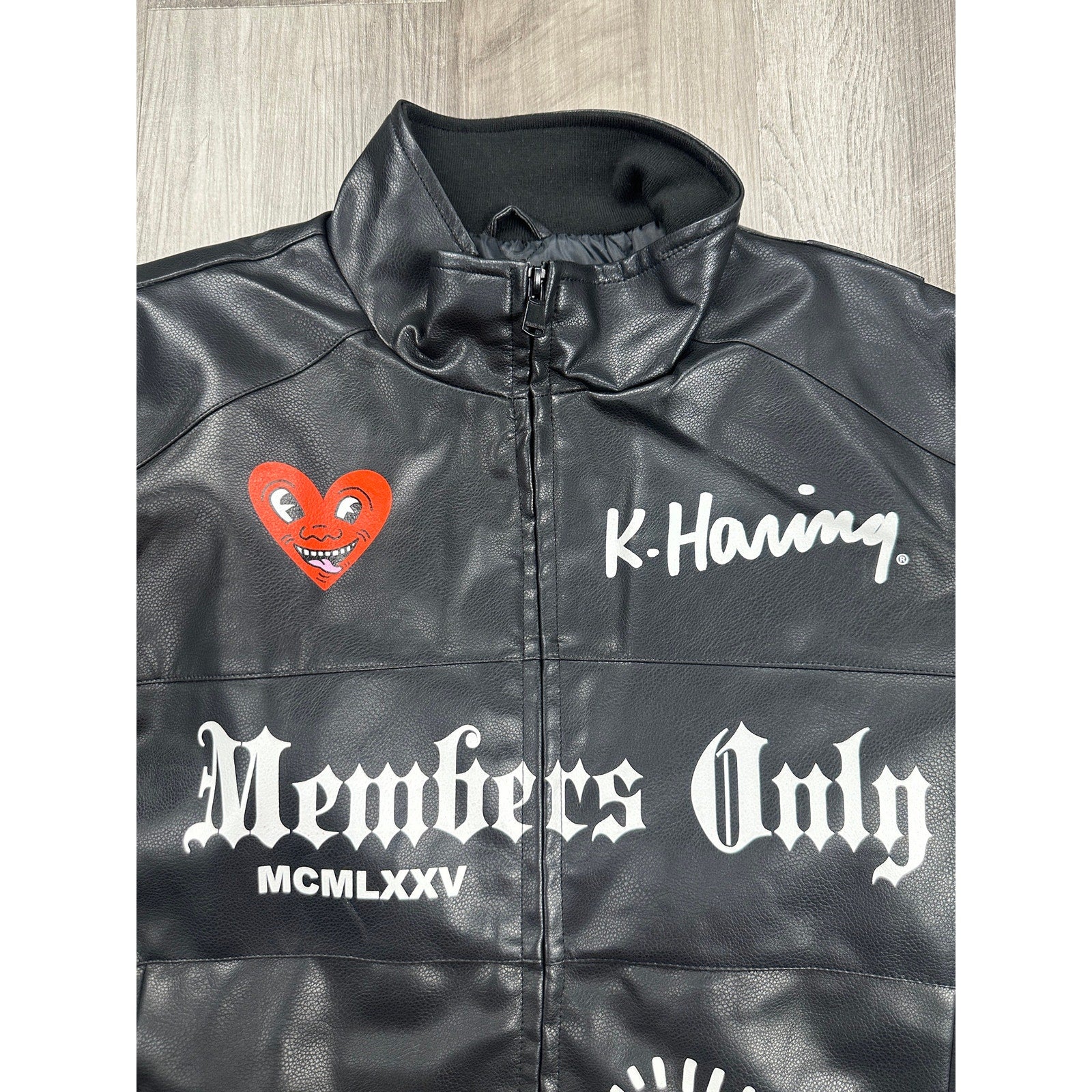Members Only x Keith Haring Paradise Garage Racing Faux Leather Jacket in Black — Size Large