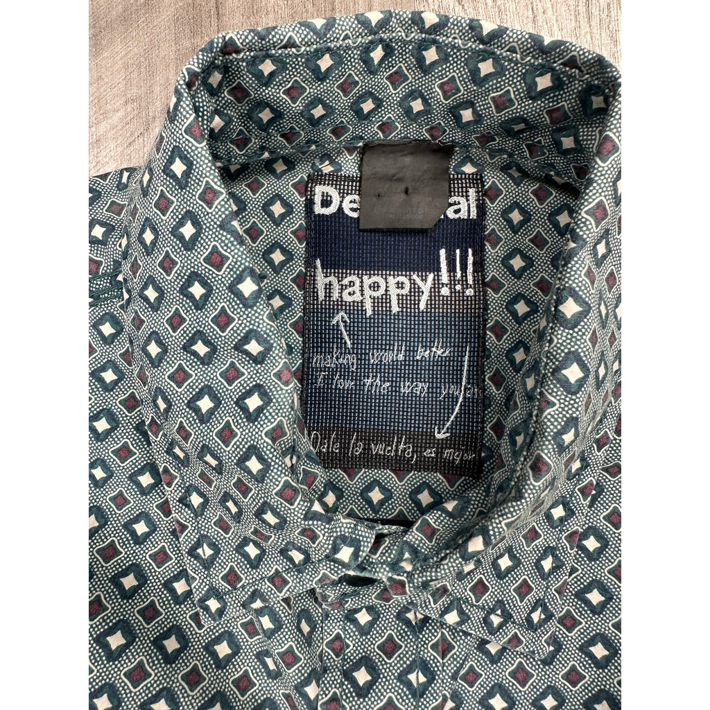 Desigual Abstract Happy Every Time Regular Fit Long Sleeve Shirt in Hunter Green, Brown, Light Cream — Size Small // Preowned