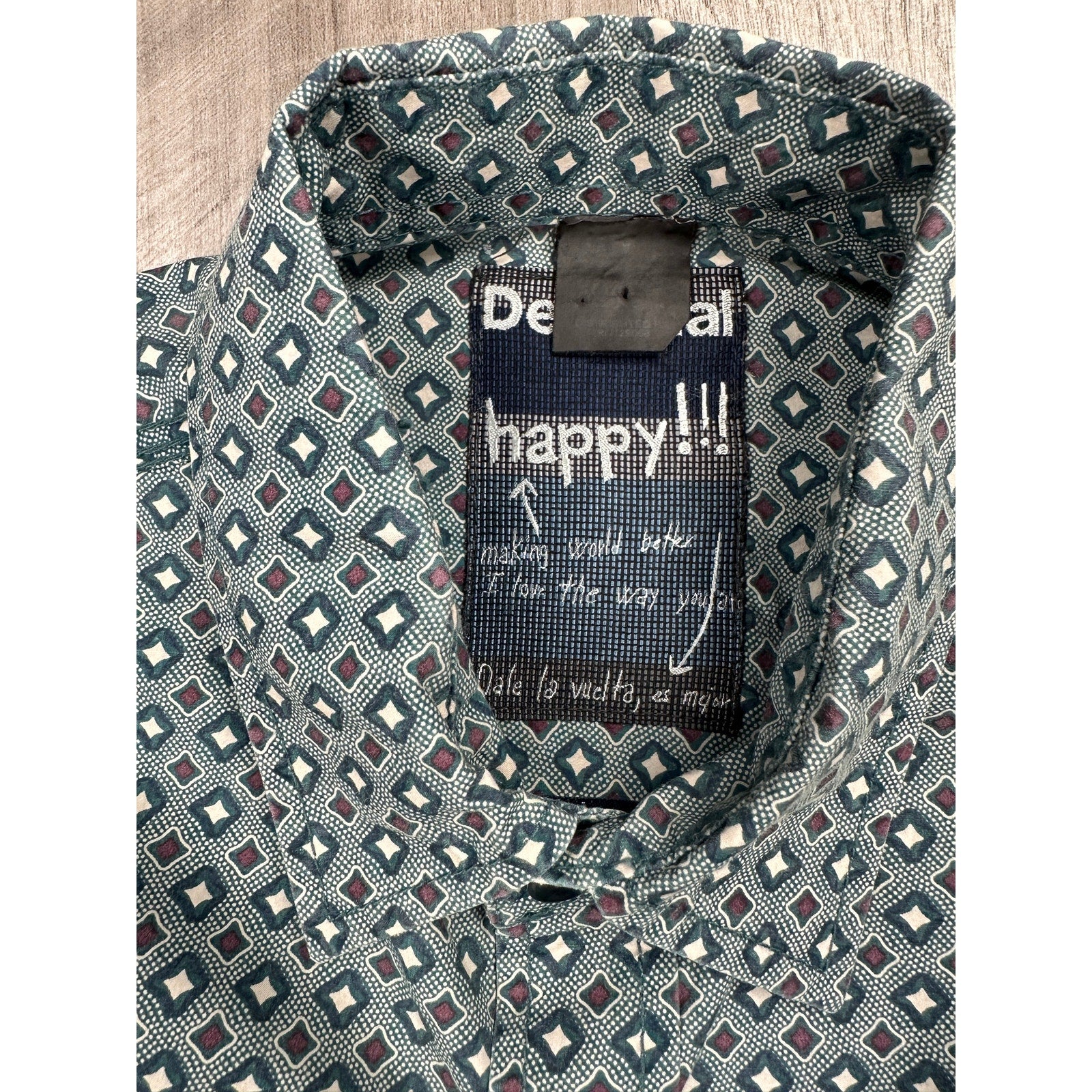 Desigual Abstract Happy Every Time Regular Fit Long Sleeve Shirt in Hunter Green, Brown, Light Cream — Size Small // Preowned